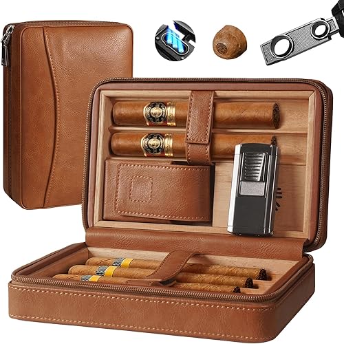 Miniatura 8 de Puffaland Caja de humidor de cigarros negro de cuero de viaje de madera de cedro con encendedor de cigarros y ponche de puros Luz