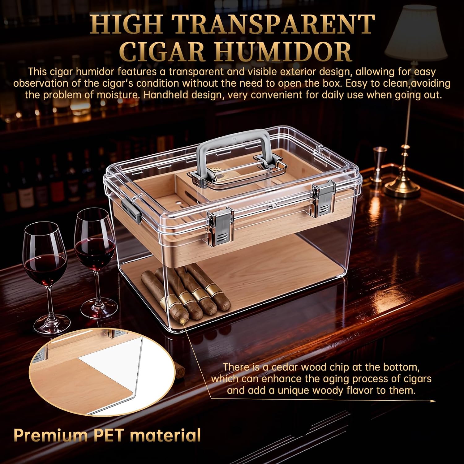 CIGARLOONG Cigar Humidor Transparent Acrylic Cigar Humidor with Humidifier and Hygrometer & 3 Cigar Cutters, Travel Cigar Case Airtight Cigars Container for Cigar Lovers (Large)