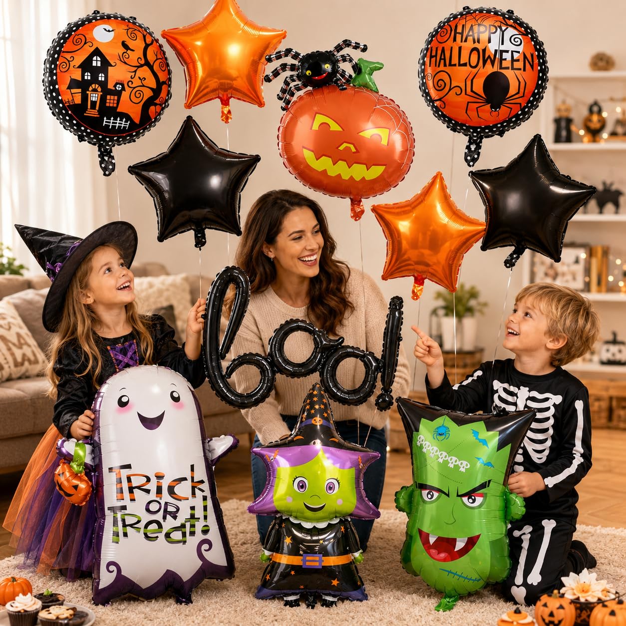 10 Stück Boo Ballon Set, XXL Geist Spinne Kürbis Hexe Monster Folienballon Mit Orange Schwarz Stern Rundes Halloween Party Deko Luftballon für Kinder Happy Nacht Party Dekoration