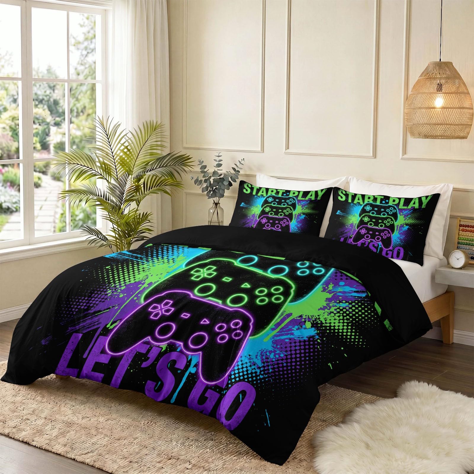 Gioco Astratto Copripiumino 220 x 240 cm reversibile Controller per videogiochi in cartone animato, morbido e piacevole sulla pelle, cerniera, leggero e traspirante, set da letto, nero multicolore