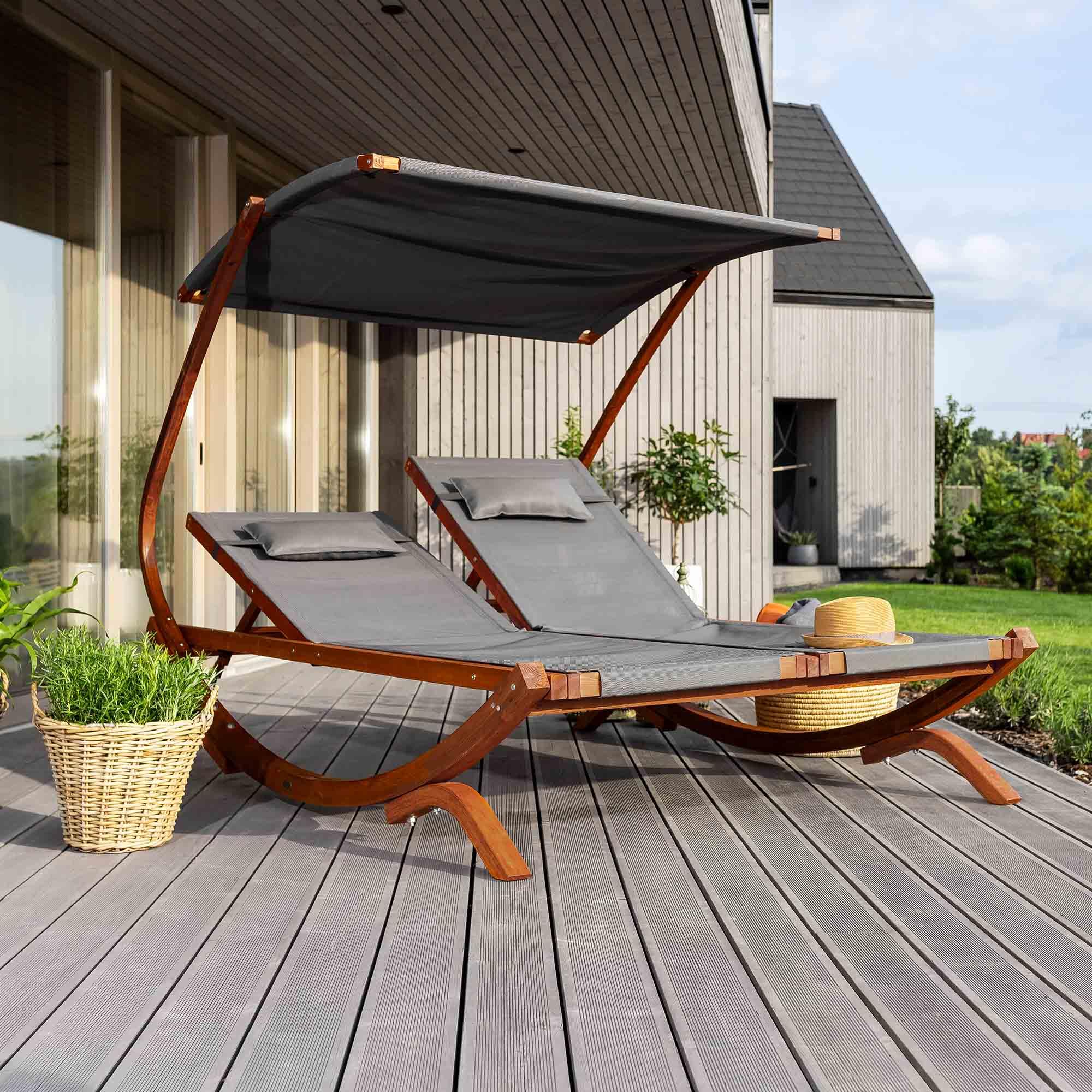 di volio Doppelliege aus Lärchenholz mit Dach für 2 Personen Outdoor Pionza | 280 kg belastbar, getrennt verstellbare Rückenlehnen, Sonnendach, Kopfkissen, Teslin-Gewebe, Terrasse, Garten, Pool