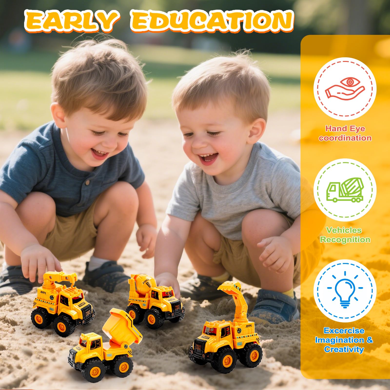 Camion da Cantiere Giocattolo per Bambini 2+ Anni – Set Veicoli Push and Go con Escavatore, Gru, Camion Ribaltabile e Betoniera – Giocattoli Educativi per Bambini e Bambine 2 3 4 5 Anni