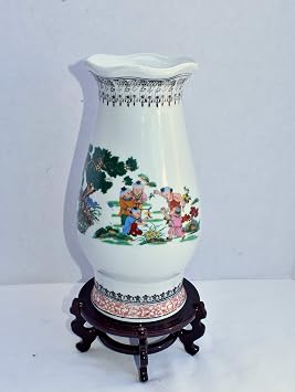 New 14.5" Asian Family & Children Playing Outside Decorative Porcelain Vase & Wooden Oriental Stand