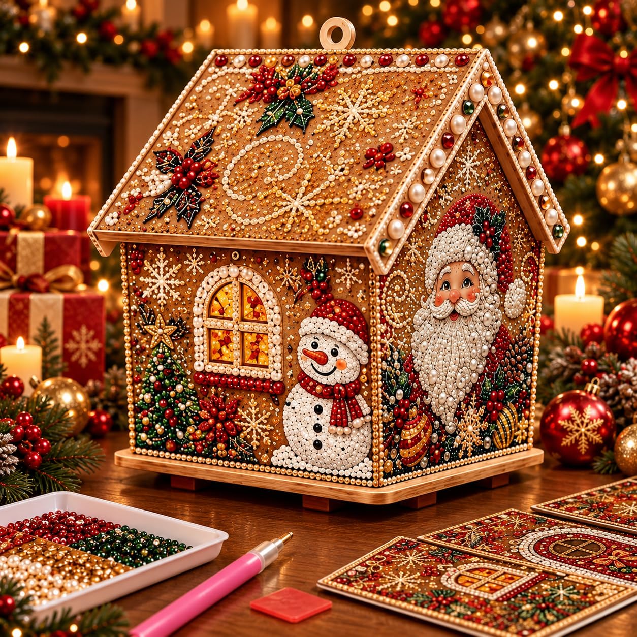 Alloyseed 3D Wooden House Christmas Pearl Diamond Art Kit, Christmas Diamond Painting Kits for Adults, DIY Rhinestones Handmade Four-Sided Holiday Ornaments, Christmas Tree Tabletop & Hanging (#C)