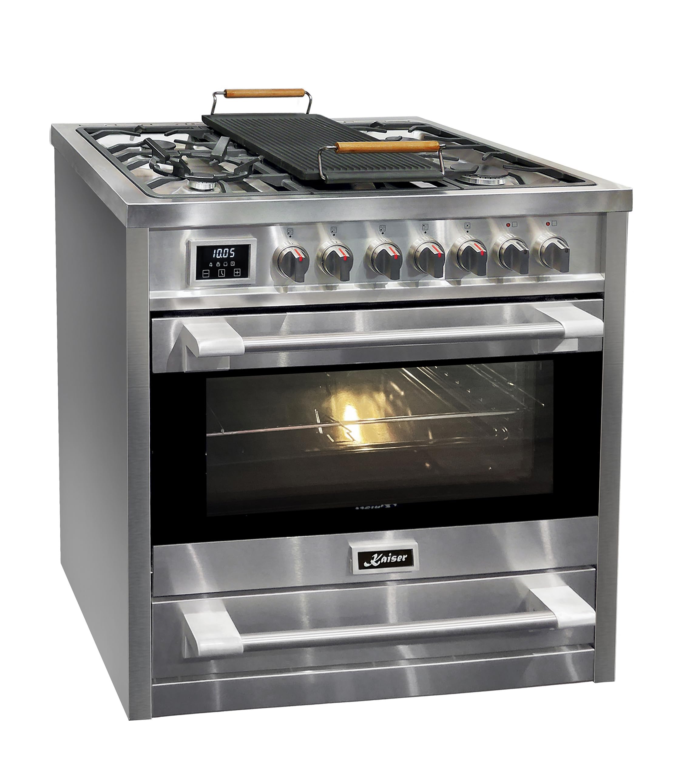 Kaiser Gasherd 90 cm HGE 93505 R Turbo Freistehender Gas-Standherd mit Elektro Backofen XXL 115L · Herd Gaskochfeld 5 Brenner Turbo-Wok + Elektrobackofen 8 Funktionen · Edelstahl/Gusseisen