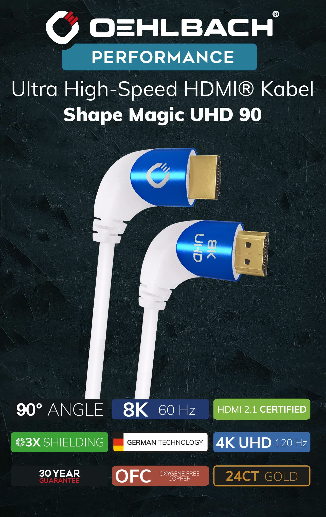 Oehlbach Shape Magic 90 UHD - 8K Ultra High Speed 2.1 HDMI Cable - Certified 48 Gbps White - 1.5 M