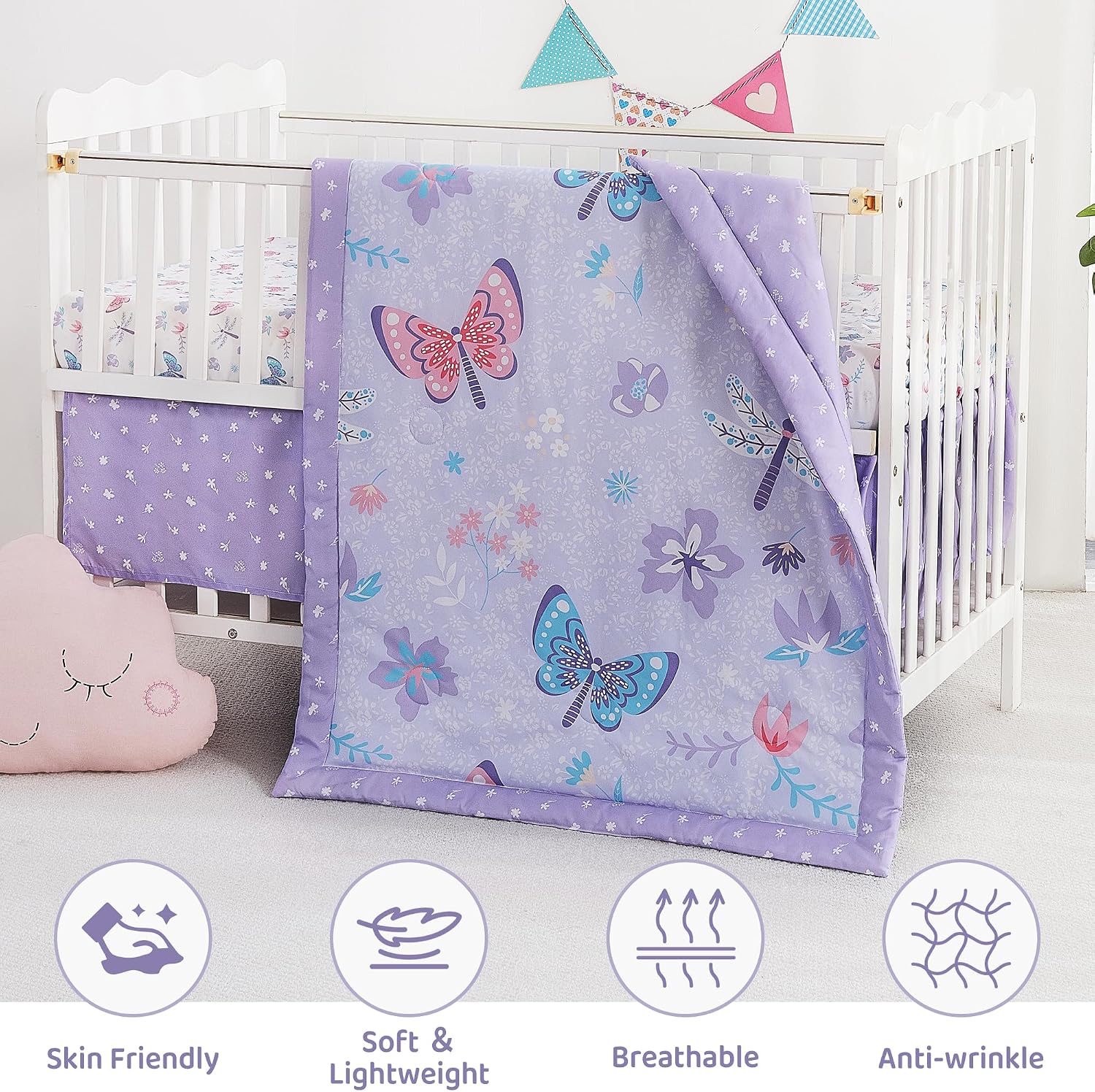 lasoftan 3 Piece Baby Crib Bedding Set, Infant Nursery Bed Set Decor with Quilt + Fitted Crib Sheet + Skirt, Baby Bedding Set Breathable and Soft for Baby Boy and Girl – Purple Butterfly