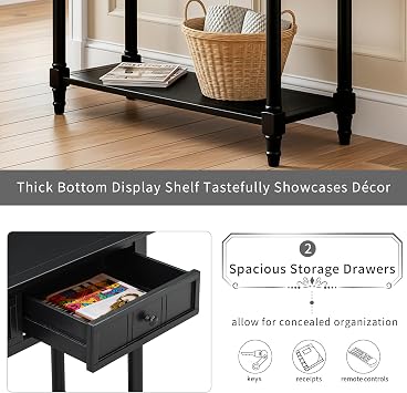 P PURLOVE Console Table Sideboard Wooden Sofa Table with 2 Drawers and Bottom Shelf (Black)