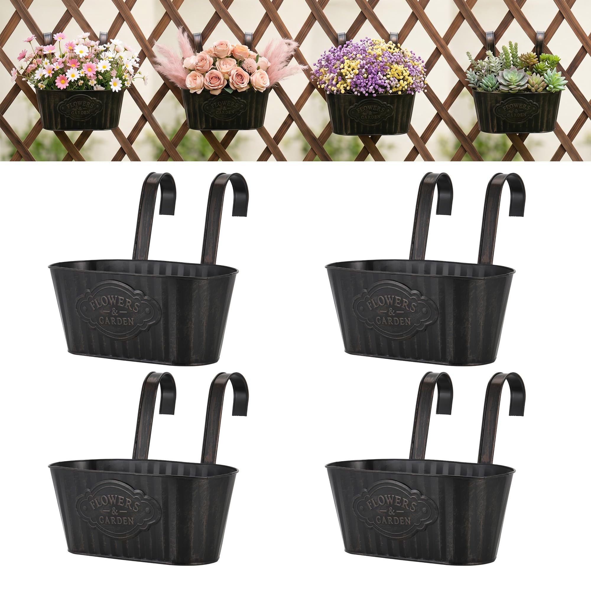27.5cm Over Fence Planters, 4 Metal Hanging Plant Pots, Balcony Planters for Railing, Fence Hanging Planter with Detachable Hooks, Hanging Plant Pots Outdoor for Fence/Garden/Home (Vintage Black)