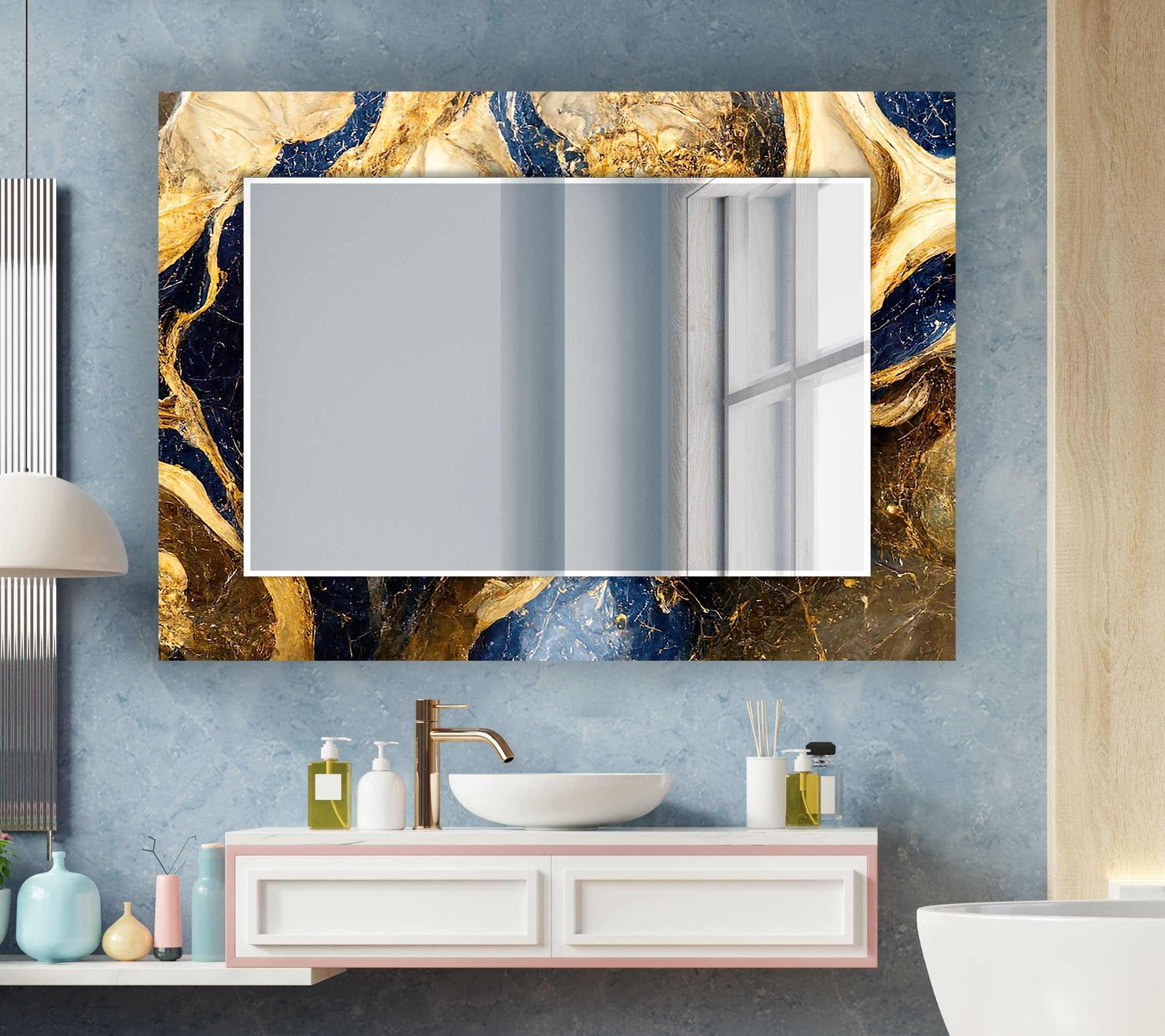 Lustro ze szkła hartowanego 119 x 45 cm (poziome) duże złote lustro ścienne do jadalni dekoracja unikalne fazowane lustro ścienne nieregularne lustro asymetryczne