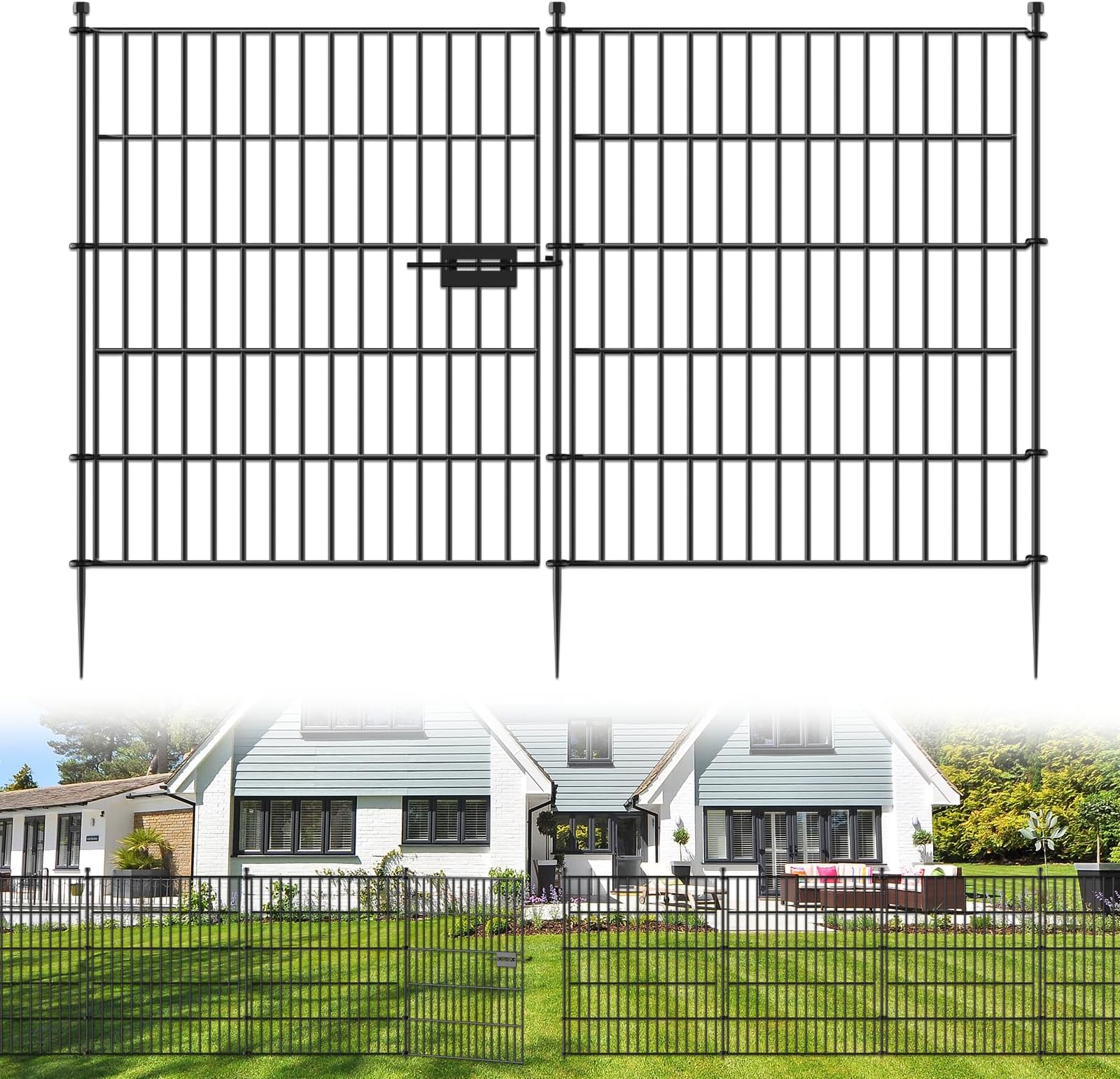 5 Panels No Dig Decorative Outdoor Garden Fence with Gate for Yard, 32 in(H) X 11.8 ft(L) Animal Barrier Fencing Rustproof Metal Wire Panel Border for Dog, Rabbits, and Patio Temporary Ground Stakes