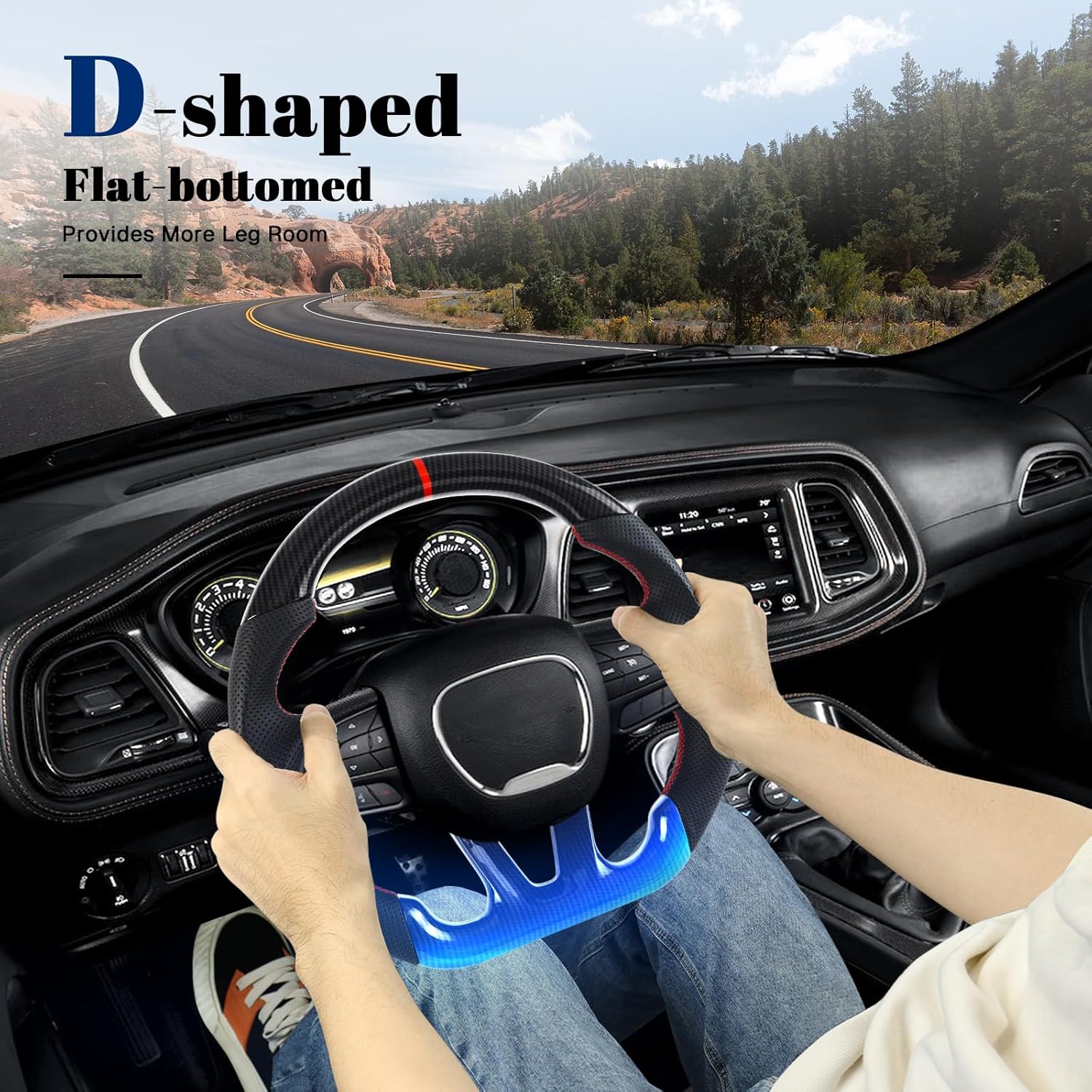 Hydro-Dip Carbon Fiber Steering Wheel For Dodge D-shaped Nappa Perforated Leather Flat-bottom Steering Wheel For Dodge/Jeep Grand Cherokee/SXT/GT/RT/SRT/HELLCAT