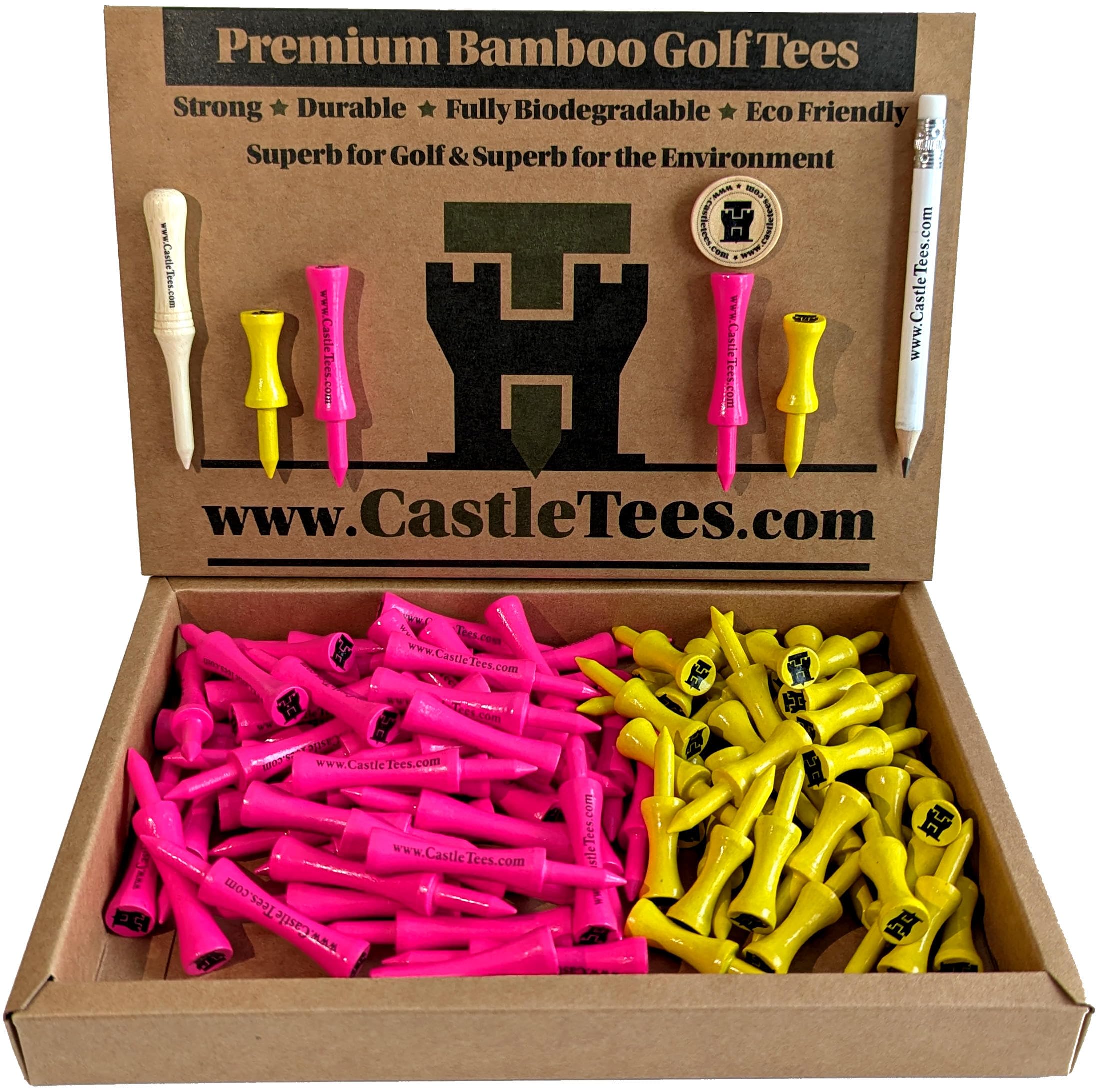 Castle Tees Official Pink Tees 50 pcs x 60mm 2 1⁄3 inch + Yellow Tees 40 pcs x 45mm 1 ¾ inch Premium Bamboo Golf Tees with a Free Pitch Repair Tool, Ball Marker & Pencil. Very strong Great Golf Gift. — image 1