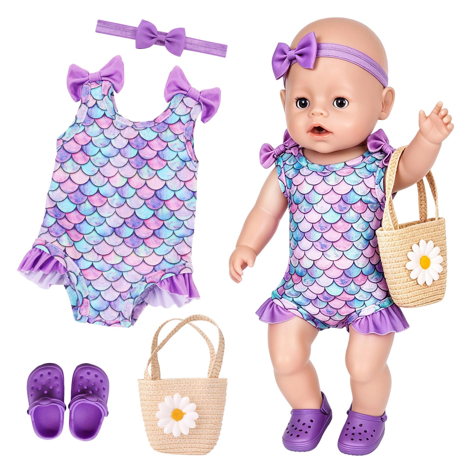 4 Pcs Swimming Doll Clothes for 14-17 Inch Newborn Baby Doll, Purple Swimsuits with Mermaid Scale Bikini Swimsuit, Clogs, Daisy Woven Bag, Headband 35-45 cm Swimming Dolls Birthday Gift for Kids