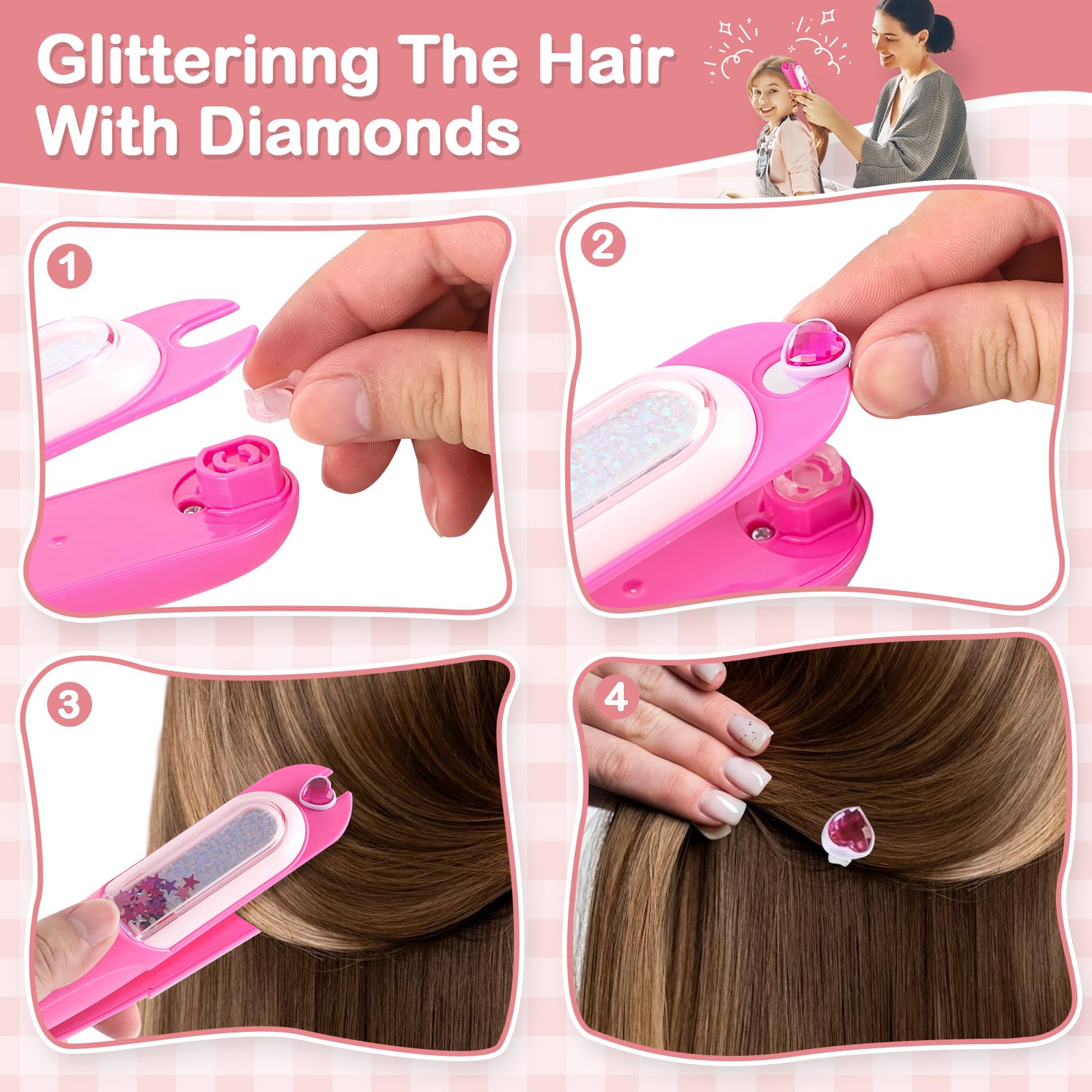 Kit de estampador de gemas para el cabello, joyas brillantes para el cabello para niñas, herramienta de peinado con diamantes brillantes reutilizables, regalo de Navidad, cumpleaños, artes y 2