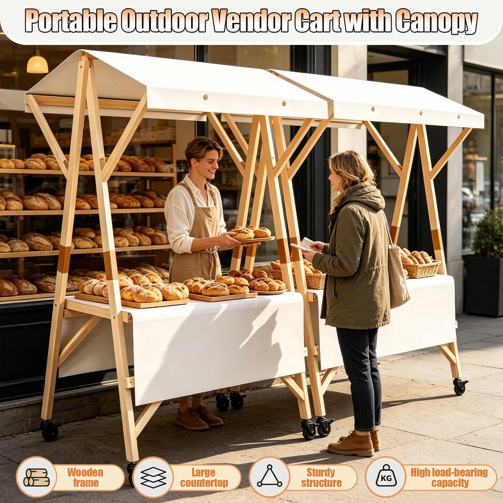HARELA Imbisswagen Aus Holz, Marktstand Imbisswagen mit Markise Und Feststellrädern, Marktstand-Ausstellungsständer für Outdoor, für Straßen-/Bauernmärkte/Handwerksausstellungen(Pink A,150cm/59in)