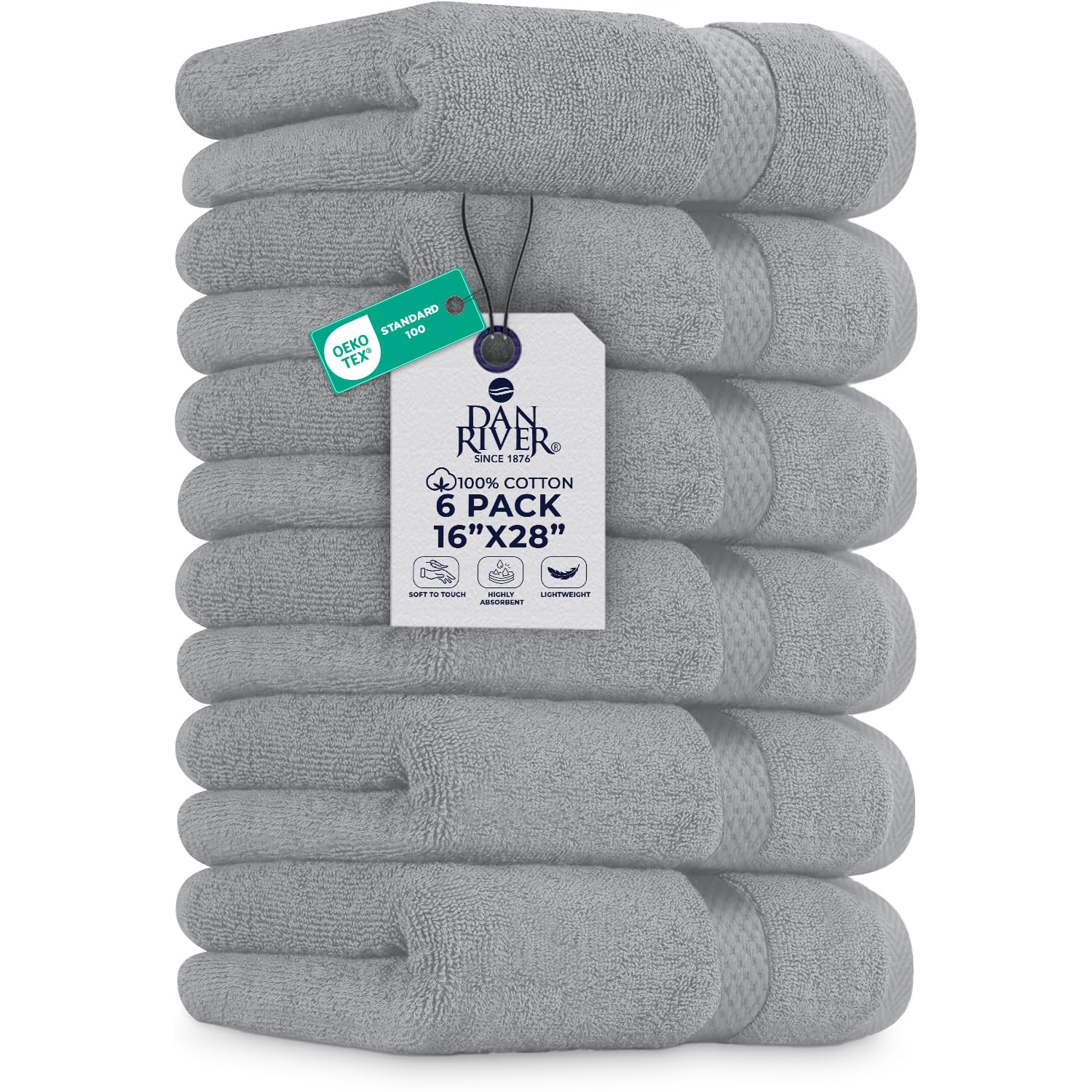 DAN RIVER 6-Pack Premium Hand Towels (16x28 Inches) - 100% Cotton, Ultra Soft, Lightweight, Highly Absorbent Towels for Bathroom, Spa, Gym, Salon,
