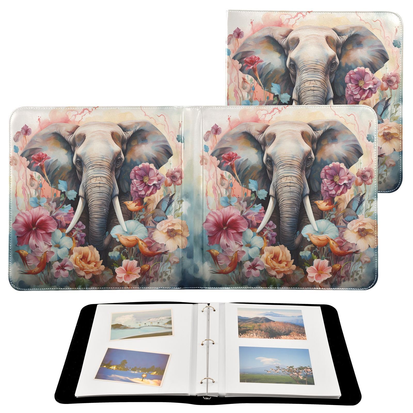 JIPONI Elephant with Flowers Large Photo Album, DIY Leather Cover Scrapbook Albums for 4x6 5x7 6x8 Pictures, Self Adhesive Memory Book for Wedding, Baby, Family