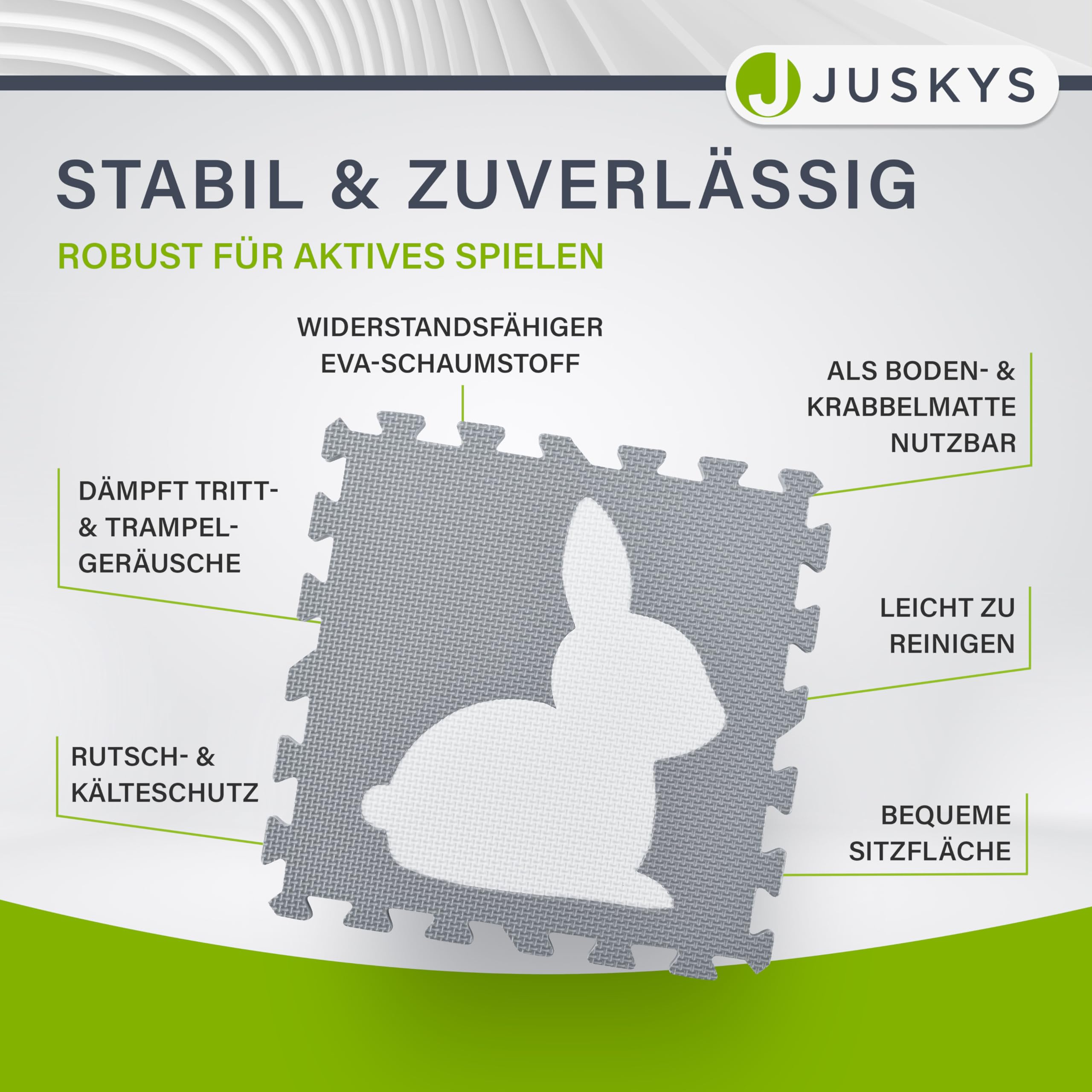 Juskys Kinder Puzzlematte Timon 36 Teile mit 16 Tieren in grau weiß - rutschfest & abwischbar Puzzle ab 10 Monate - Eva Schaumstoff - Spielmatte