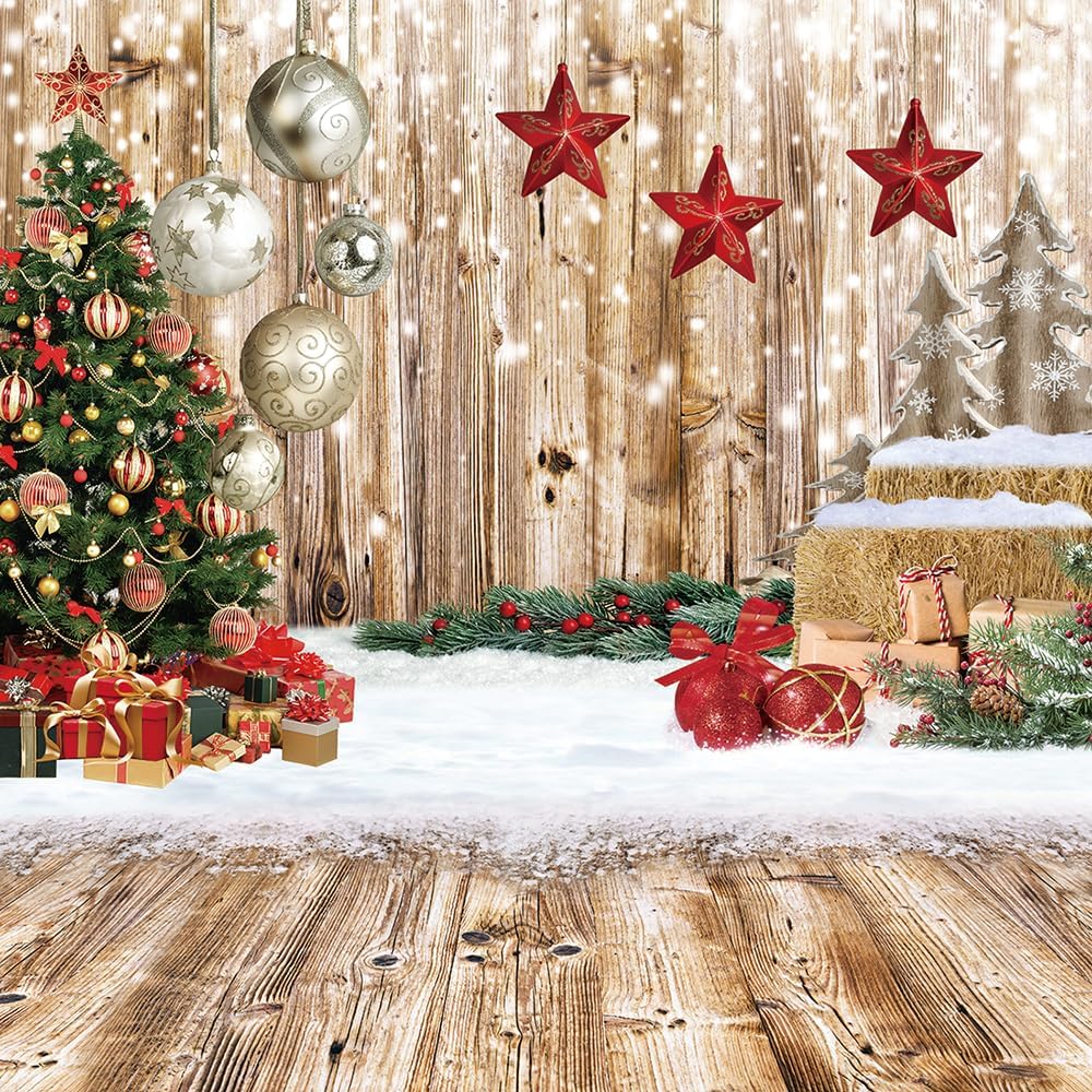 CHAIYA 10x10FT Christmas Backdrop - Wood Floor Winter Snow Xmas Tree Gift Family Party Background - New Year Party Decoration