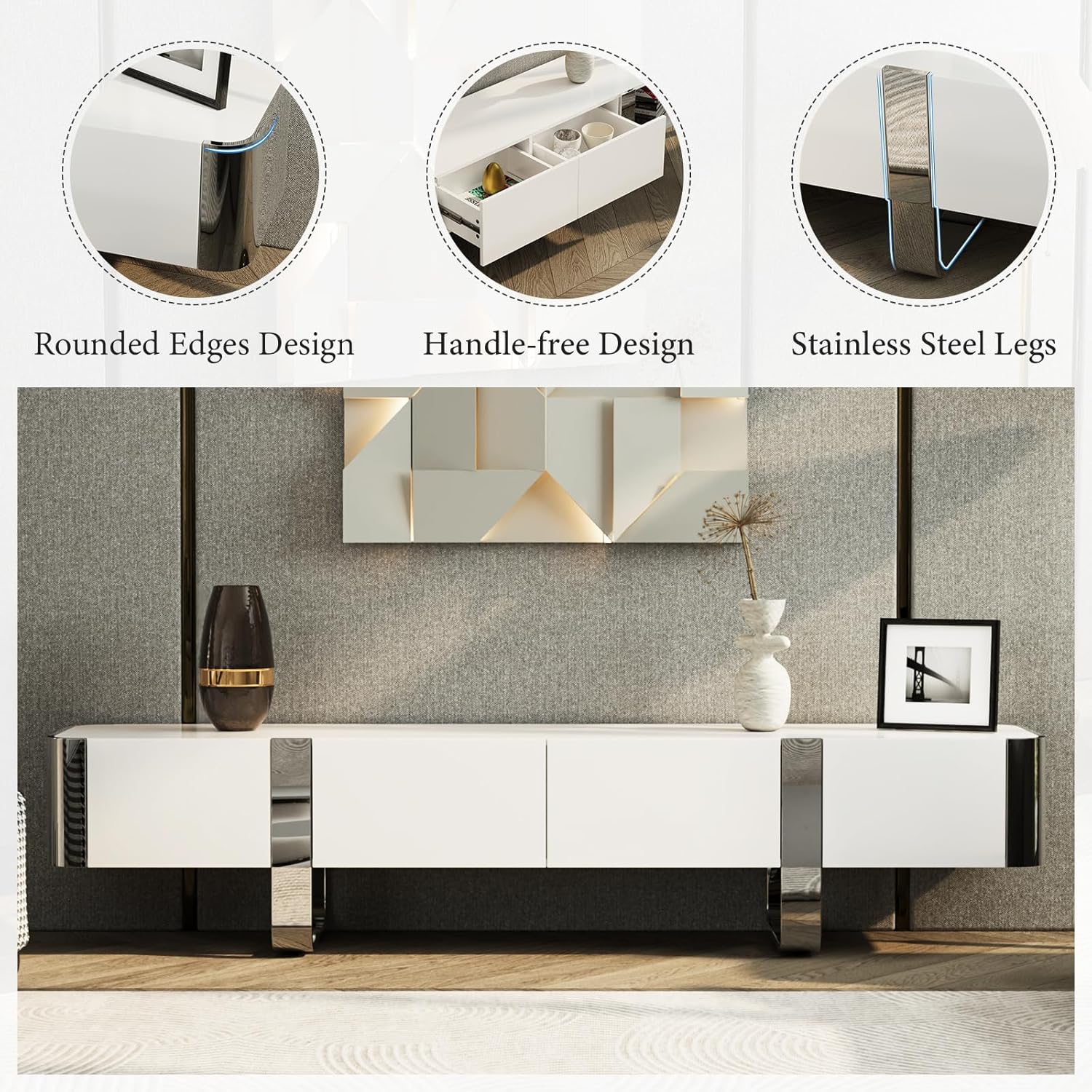 White and Silver TV Stand for 79 In TV, Modern Entertainment Center with 2 Hidden Storage Drawers and Cabinets, Media TV Console Table with U-Shaped Mirrored Chrome Leg for Living Room, Bedroom