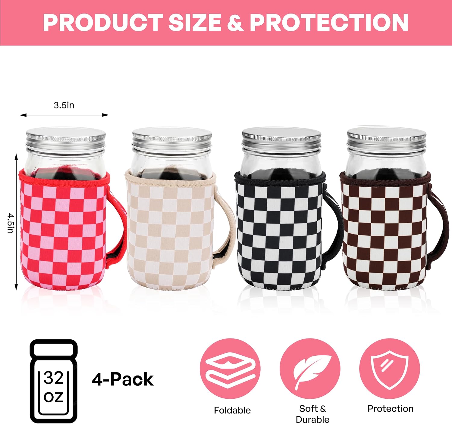 KJQJLY 4 Pcs Mason Jars Sleeves Neoprene 32oz Regular and Wide Mouth Mason Jar Sleeves Holder with Handle (Checkered, 32 OZ)