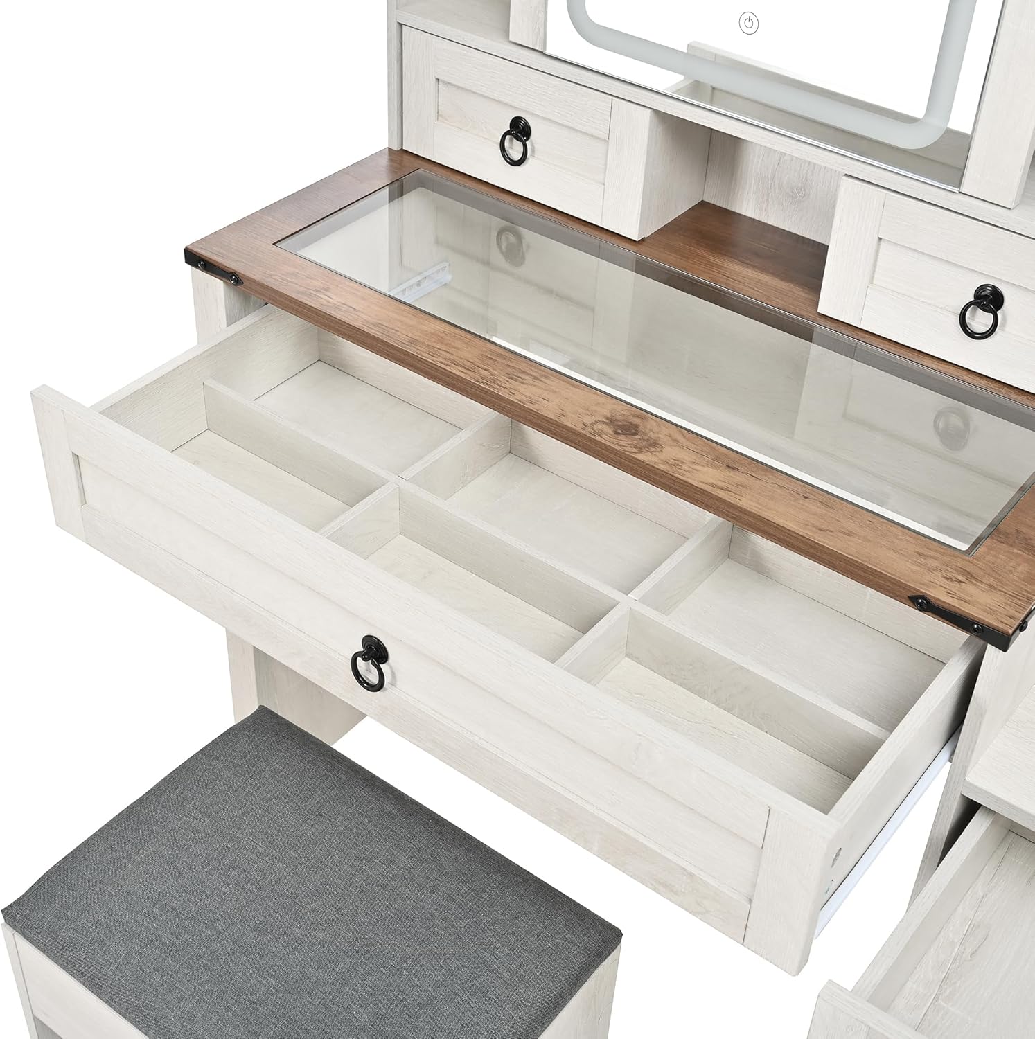 Farmhouse Vanity Desk with Sliding Lighted Mirror&Power Outlet,42" Glass Top Vanity with 4 Drawers 6 Compartments 7 Shelves 2 Cabinets,Rustic Makeup Vanity Table with Stool Hairdryer Holder&Hook,White