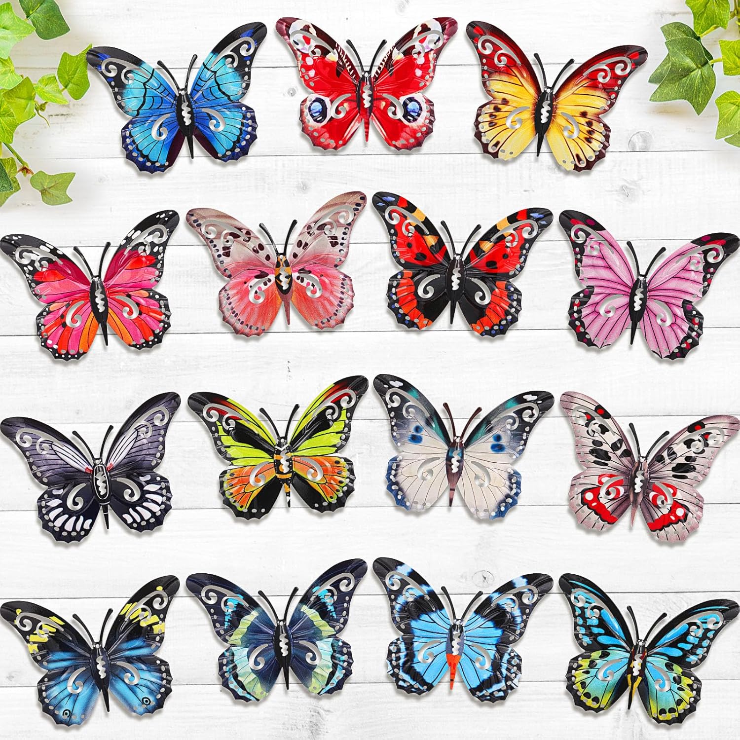 Leinuosen 15 Pcs 3D Metal Butterflies Outdoor Wall Decor 6.5'' Metal Colorful Hanging Double Wings Butterfly Nice Gift for Mom Dad Friend Outdoor and Indoor, Balcony Yard Patio Fence Garden Decoration
