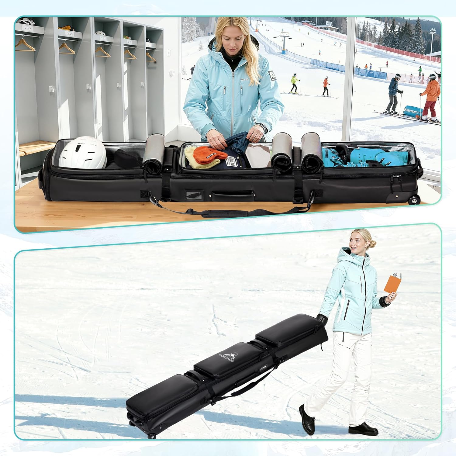 Ski Bag with Wheels, Extendable Snowboard Bag, Waterproof 900D Ski Bags for Air Travel, Padded Snowboard Bag with Backpack & Shoulder Strap