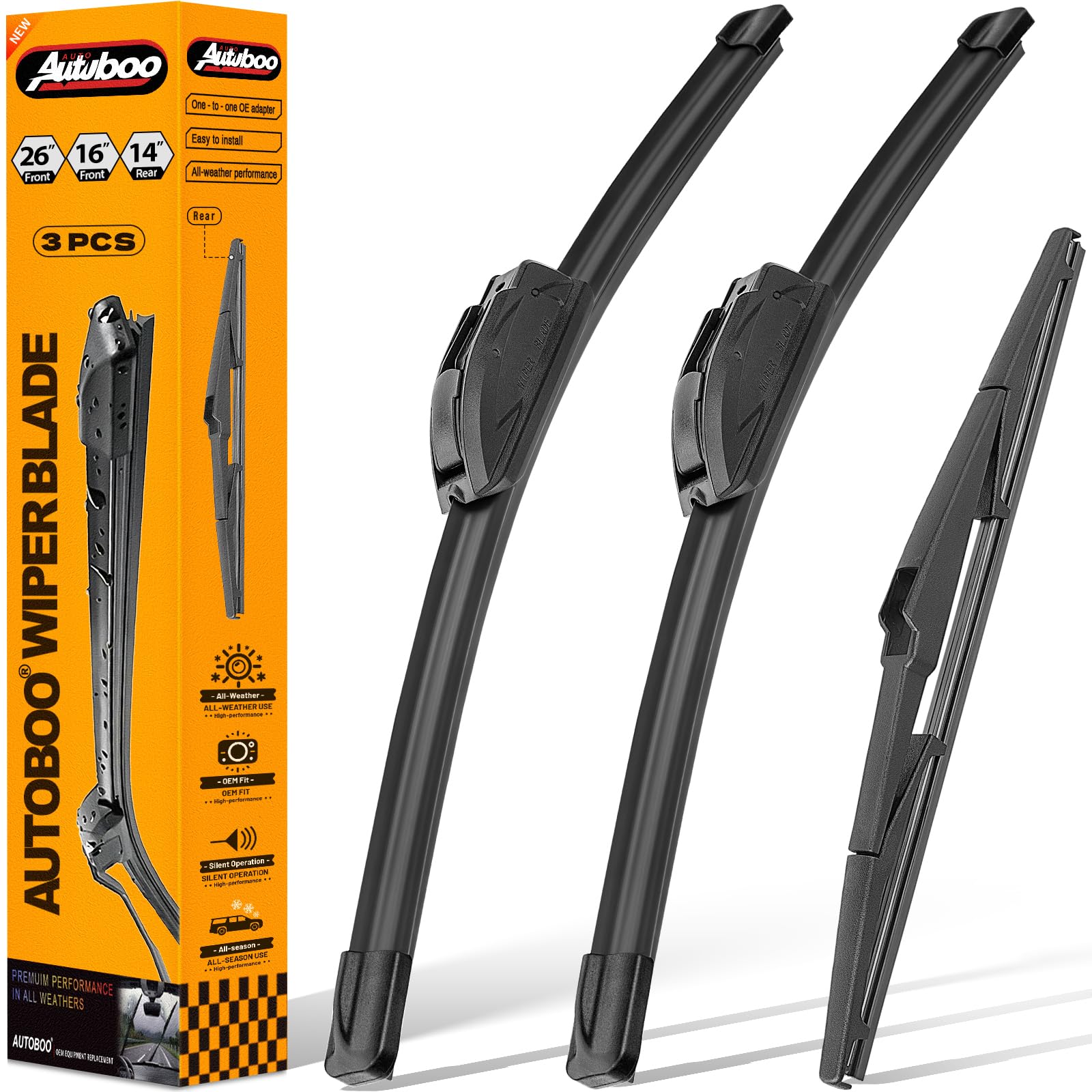 AUTOBOO 26"+16" Windshield Wipers with 14" Rear Wiper Blade Replacement for Hyundai Tucson 2016-2020,2007-2012 Mazda CX-7 -Original Factory Quality (Pack of 3)