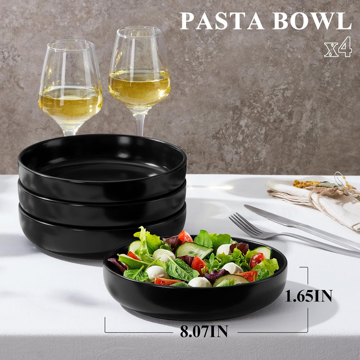 E-far Pasta Bowls Set of 4-35oz Ceramic Large Serving Salad Bowls, Wide & Shallow Stoneware Pasta Plates for Salad, Soup, Dinner| Dishwasher & Microwave Safe | Matte Black - Image 2