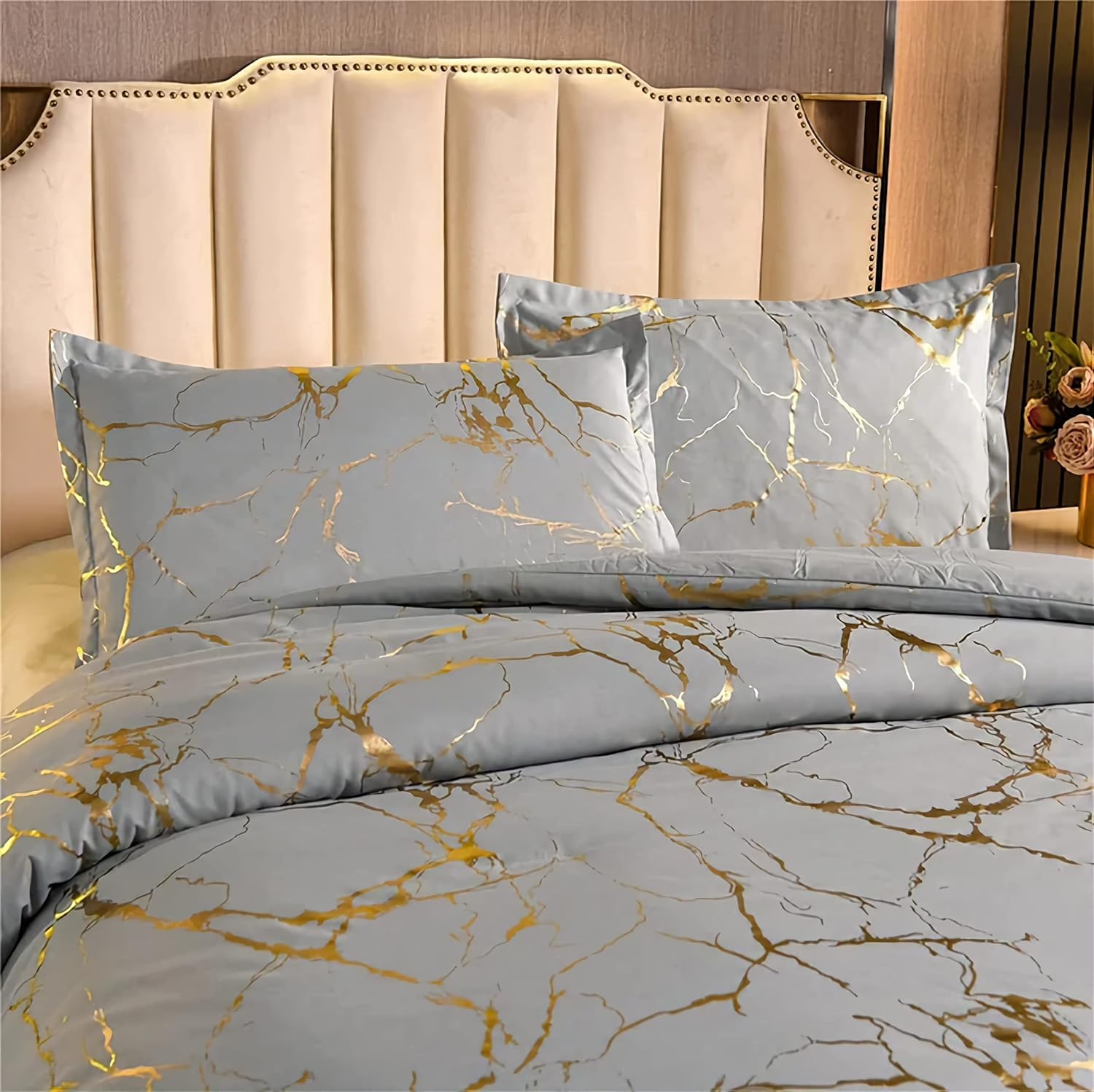 SIAKAM 5 Pieces Gold Marble Comforter Set King Size Bed