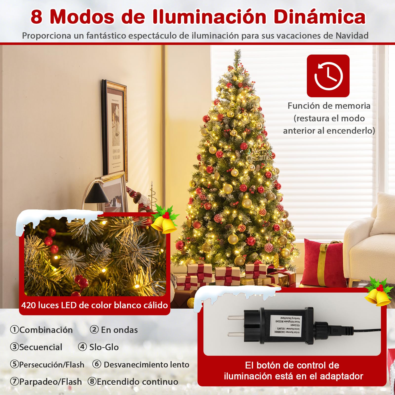 COSTWAY Árbol de Navidad con Luces Incorporadas 195cm, 420 Luces LED Blancas Cálidas, 8 Modos, Arbol de Navidad Decorado, Nieve, 69 Pinos, 207 Bayas Rojas, 909 Ramas de PVC (195cm)