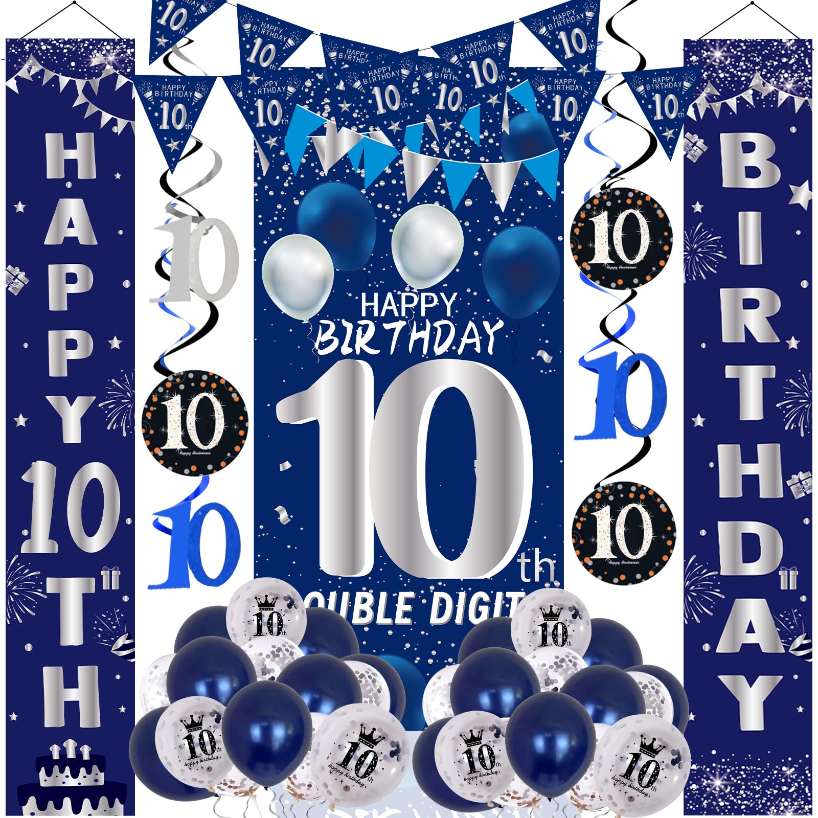10th Birthday Decorations for Boys Girls, Navy Blue Happy 10th Birthday Door Banner Sign, 10 Years Old Party Supplies Teenagers Bday Backdrop Balloons