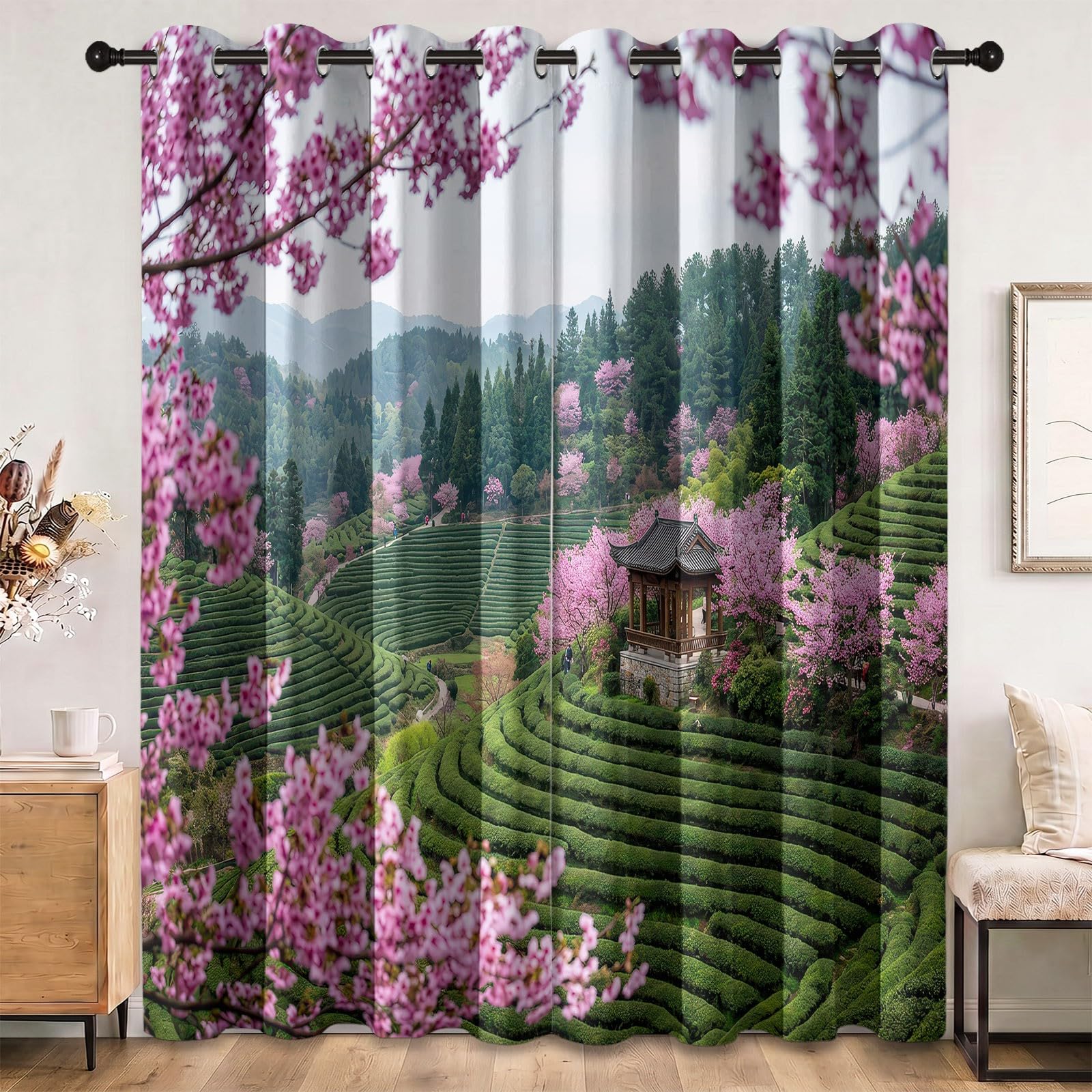 Kirschblüten Terrassenfelder Vorhäng mit Ösen, H175 x B140 cm (2er Pack)
