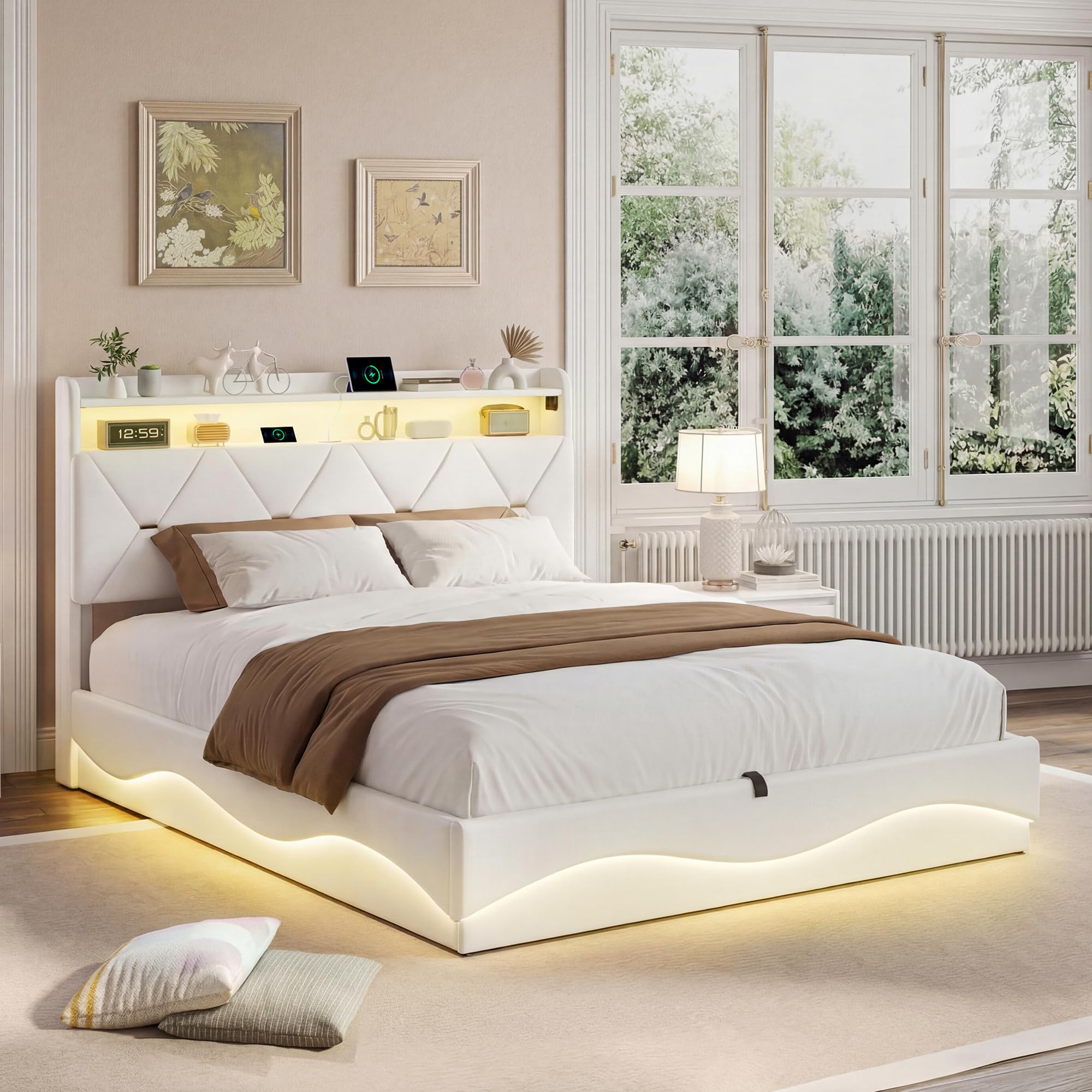 Cama con Caja Fuerte 160 x 200 cm con LED y puertos USB, camas dobles tapizadas con almacenamiento hidráulico, cabecero con estantes abiertos, camas para adultos y jóvenes, sin colchón (beige