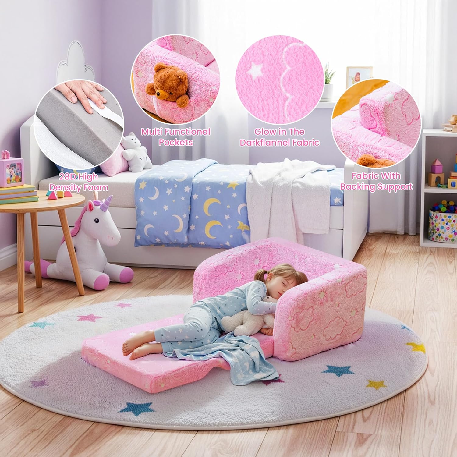 Lamerge 2-in-1 Soft Toddler Couch Fold Out,Foldable Toddler Chair, Glow in The Dark Kids Sofa for playroom,Convertible Foam and Floor Cushion for Boys and Girls (Pink and Clouds) - Image 4
