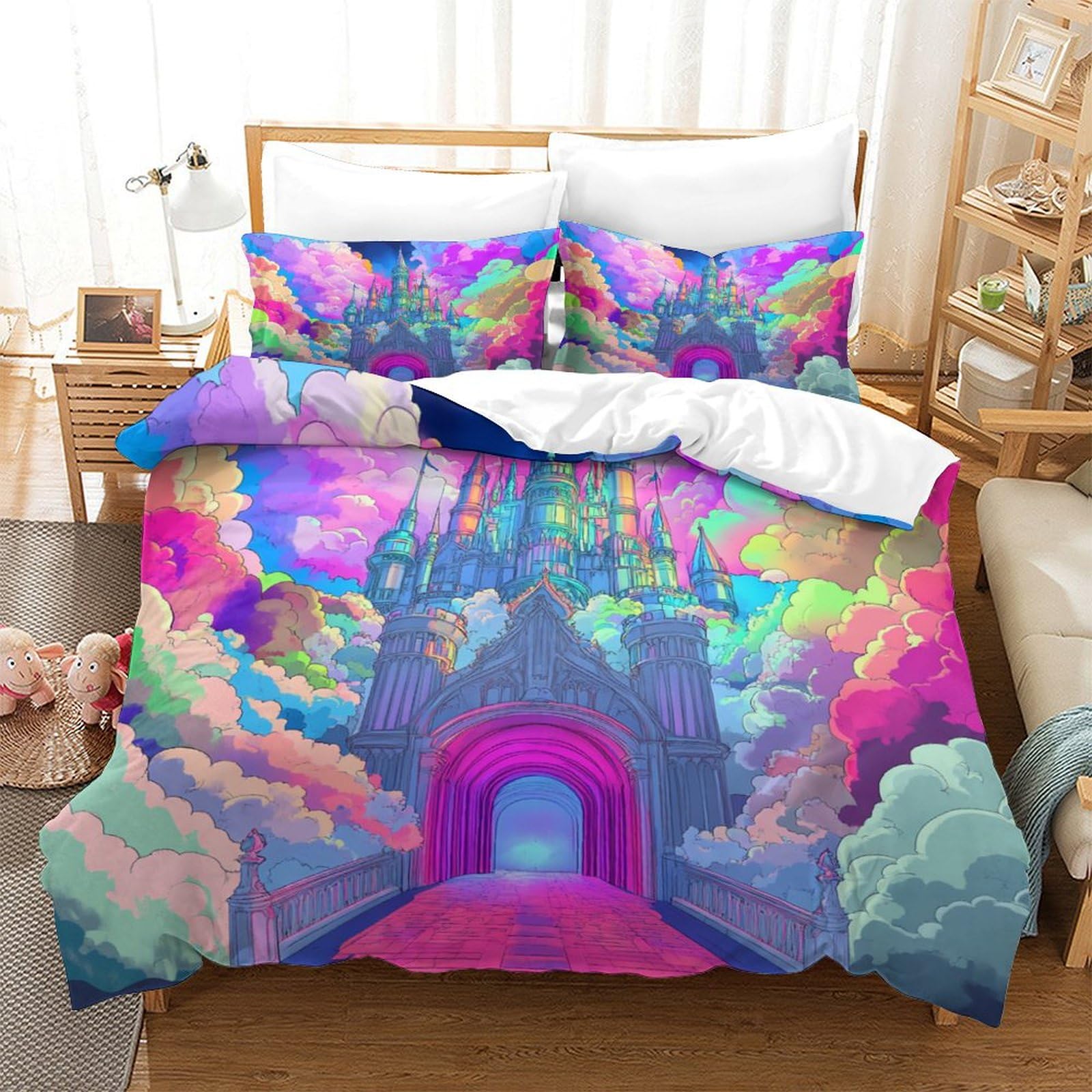 P1s9u7w5y Castle-2 Magical Rainbow Gate 3D Printed Castle Duvet Cover Set 3Pcs Microfiber Fantasy Castle Bedding Set King（220X240cm）