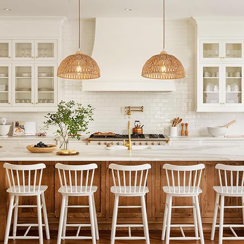 Miniatura 2 de Lámpara colgante bohemia para cocina, lámpara colgante de ratán, lámpara de techo empotrada, lámpara bohemia con base de madera, candelabro bohemio