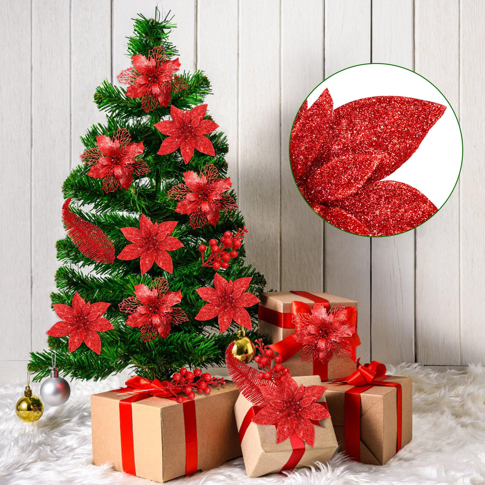Yueshop Künstliche Weihnachtssterne, Glitzer, Weihnachtsstern, Weihnachtsbaumschmuck, Clips, Glitzer, künstliche Blätter, Beerenstiele für Hochzeit, Party, Kranz, Girlande, Weihnachtsbaumdekoration,