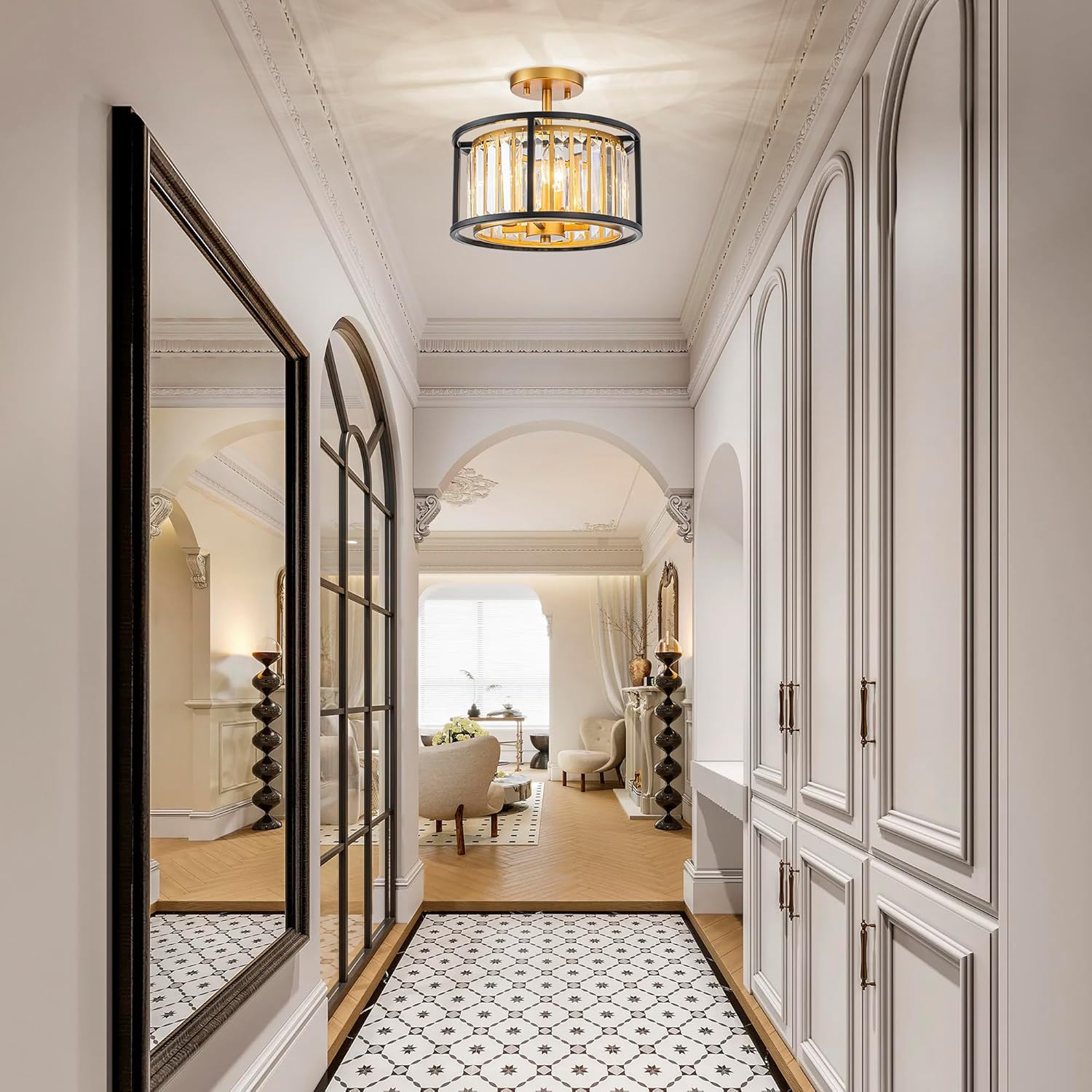 3-Light K9 Crystal Drum Ceiling Lights, Modern Style Semi-Flushmount Light Fixture for Dining Room, Living Room, D12 * H10 inch, Clear Crystal, Gold & Black Finish Frame