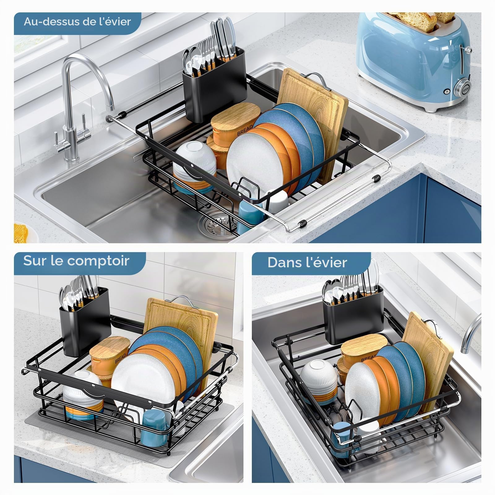 Dish Draining Board - Large Capacity Dish Drainer in the Sink, Extendable Drainer with Utensil Holder for Kitchen Countertop, 97-56.7 x 32.8 x 15.5 cm