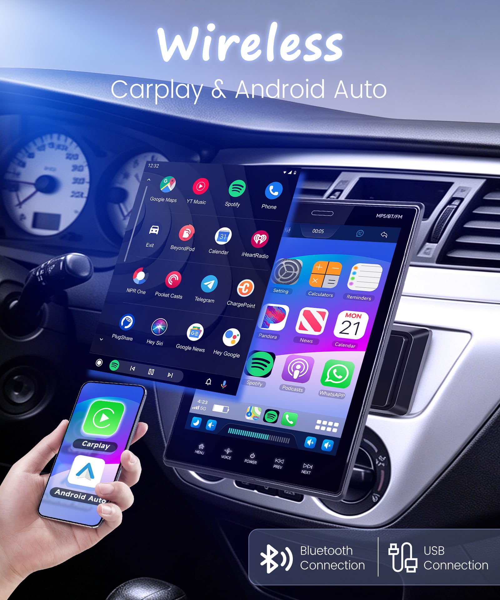 VECHTEL Radio samochodowe 1 DIN, 9,5 cala regulowany wyświetlacz dotykowy IPS, bezprzewodowy CarPlay Android Auto, Mirror Link, Bluetooth 5.2, radio FM/AM/RDS, EQ, sterowanie kierownicą, kamera