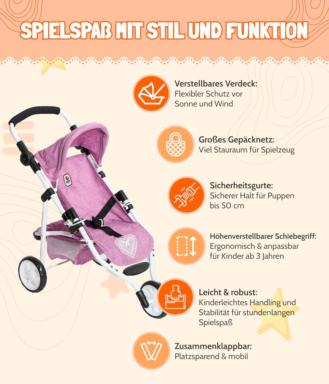 Diagram showing features of the doll's jogging buggy including adjustable canopy, luggage net, safety belts, height-adjustable handle, and foldable design.