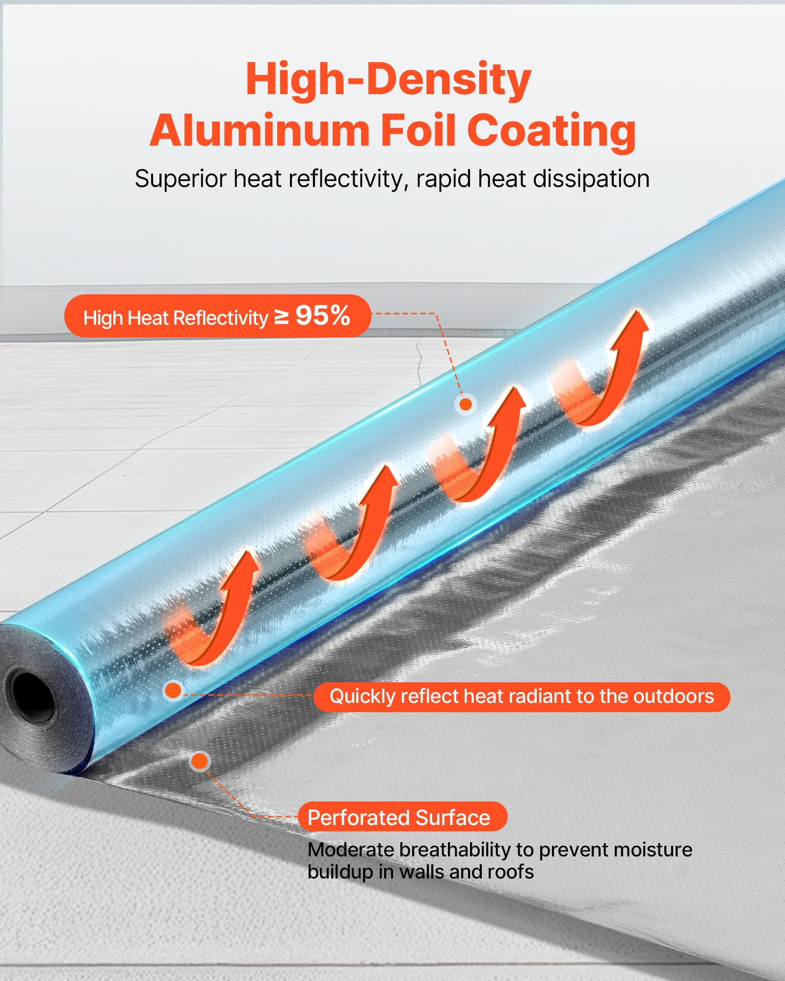VEVOR Rollo de Aislamiento Reflectante Doble, Barrera Radiante de Tejido Perforado, 76,2 m x 1,22 m x 0,15 mm, Lámina de Aluminio de Doble Cara, para Ventanas y Techos de Autocaravanas, Plata