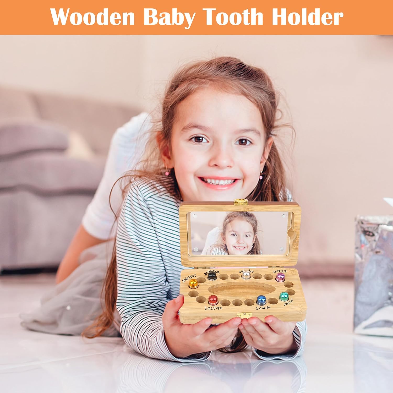 Windspeed 20 Holes Wooden Tooth Boxes for Lost Teeth Box Wooden Baby Tooth Holder for Toddler Milk Teeth Saver Storage Holder with 20 Sealed Plastic Tubes, A Small Tweezers and A Marker(7x3.9x2 In)