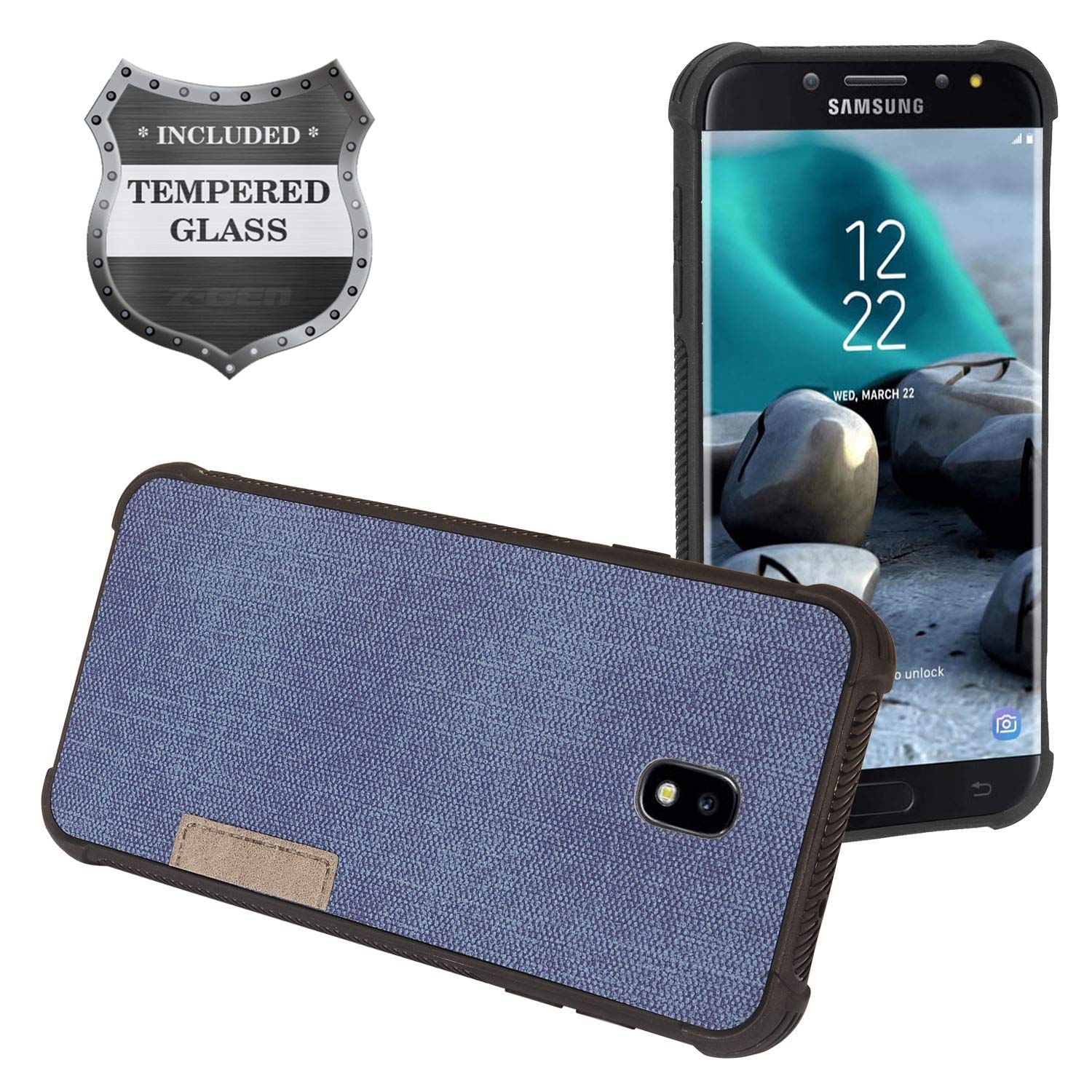 Z-GEN - Galaxy J7 2018, J7 Refine, J7 Star, J7 Crown, J7 Aura, J7 Top, J7 V J7V 2nd Gen J737 - Hybrid Denim Phone Case for Samsung + Tempered Glass Screen Protector - TP2 Navy Blue