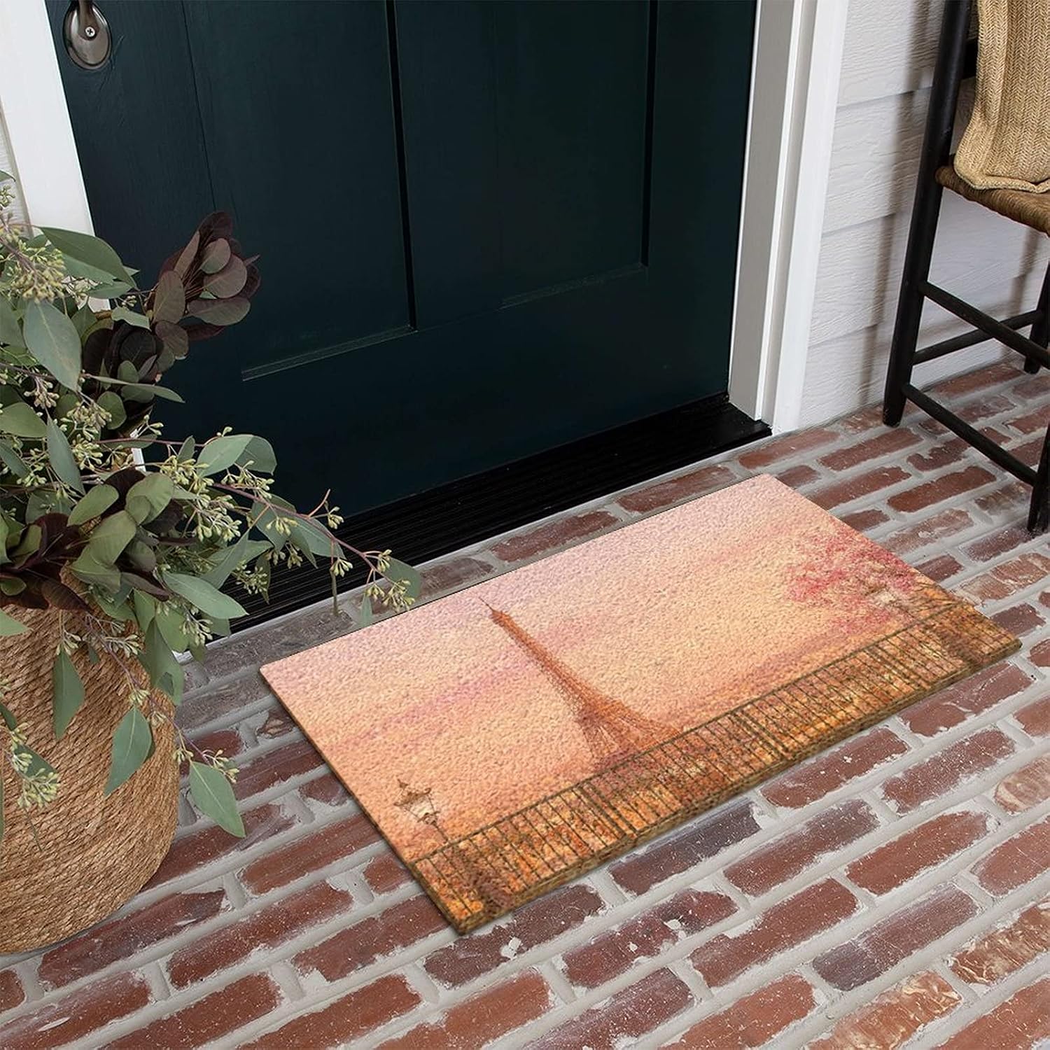 Front Door Mat Paris Tower Coir Doormat with Non-Slip Backing Floral Doormat 24" x 36" Cloud Welcome Floor Mat for Indoor Outdoor Entrance Easy Clean Housewarming Gift
