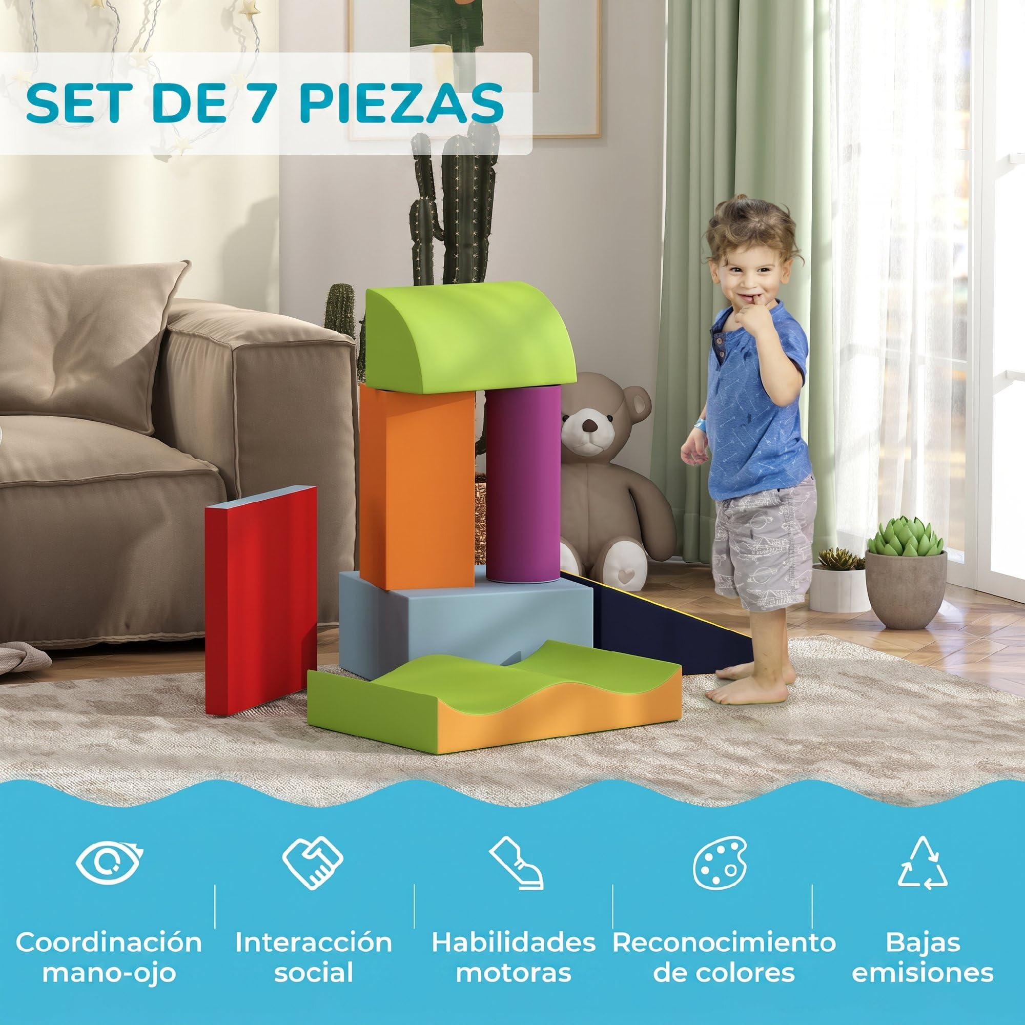 HOMCOM Juego de 7 Bloques de Espuma para Niños 1-3 Años Multicolor