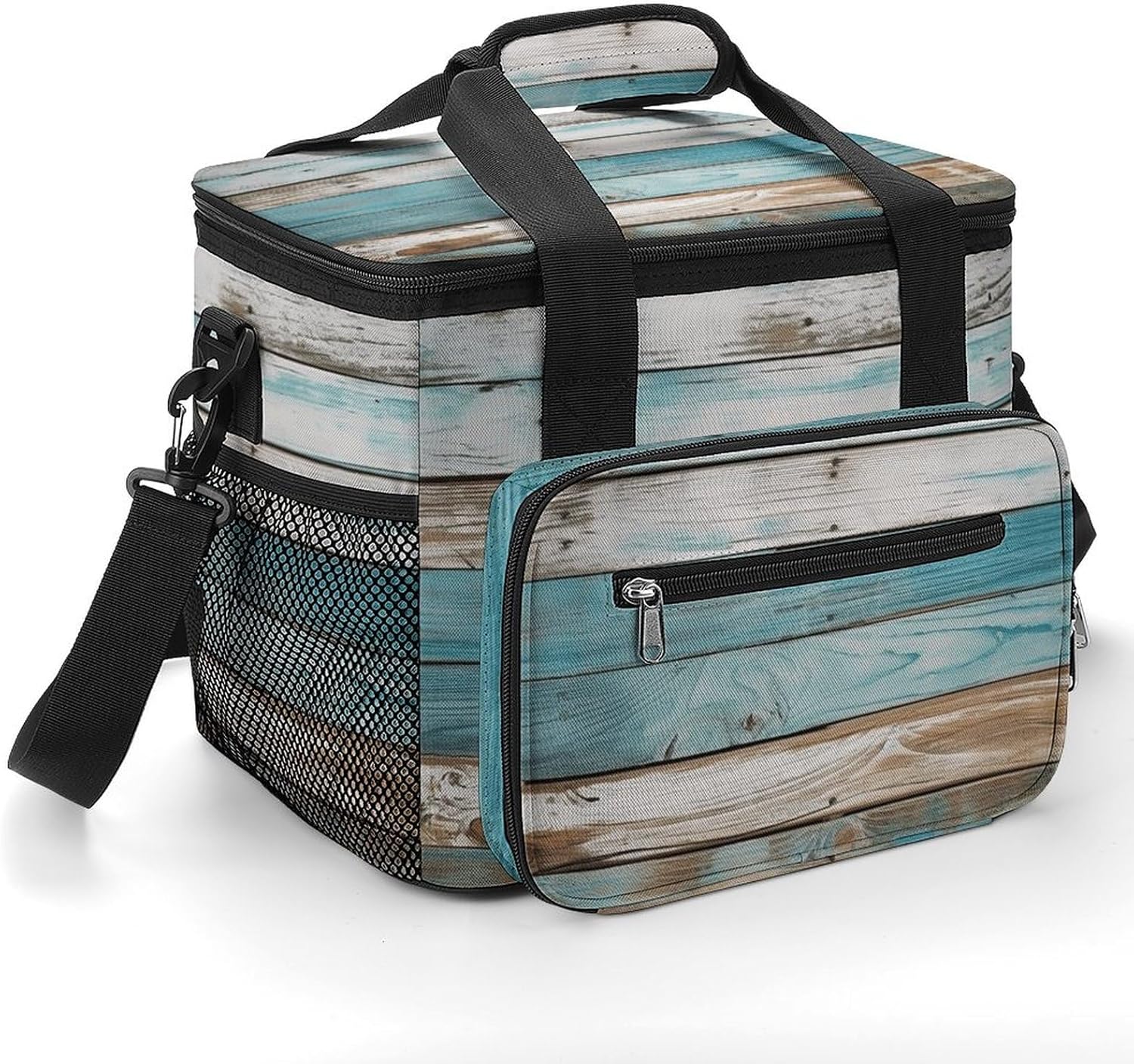 Camping Ice Pack, Vintage Beach Wood Old Blue Color Wooden Plank Print Cooler Bag, 22.5L Large Capacity Insulated Lunch Tote Bag for Outdoor, Picnic, BBQ, Travel, Work